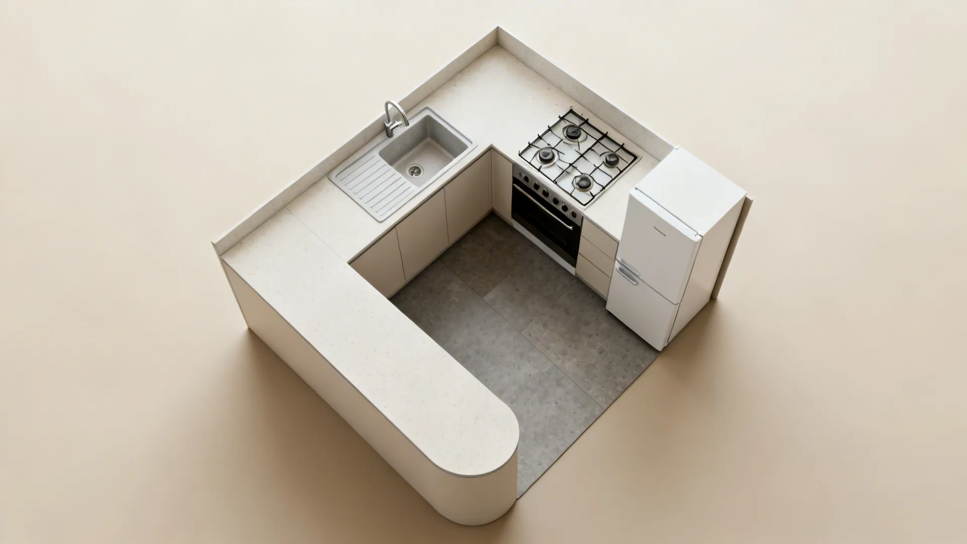 Top-down view of a small kitchen layout with 12 mm porcelain counters and drainboard.