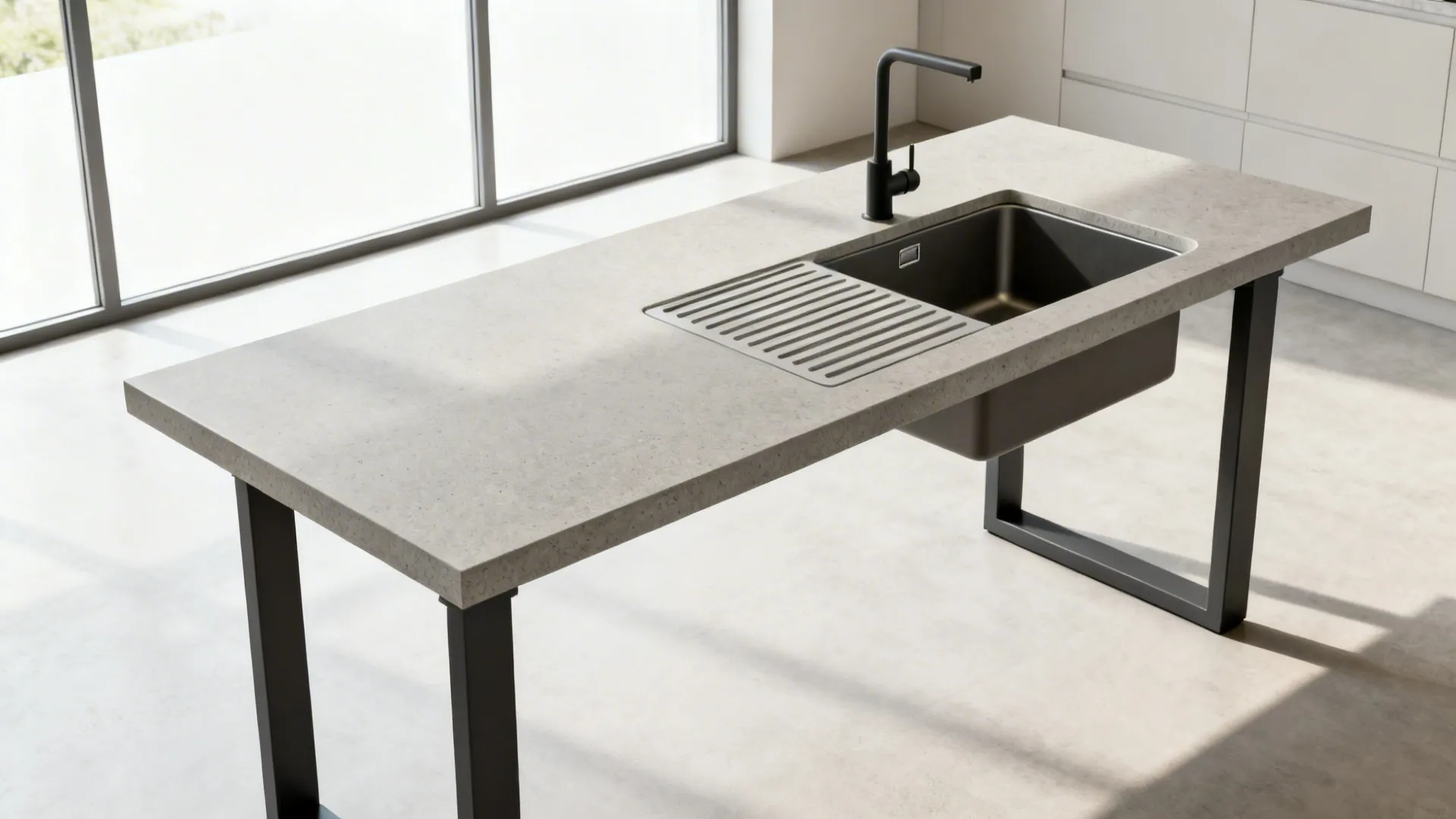 Sintered stone countertop with routed drain board and matte finish in a compact kitchen.