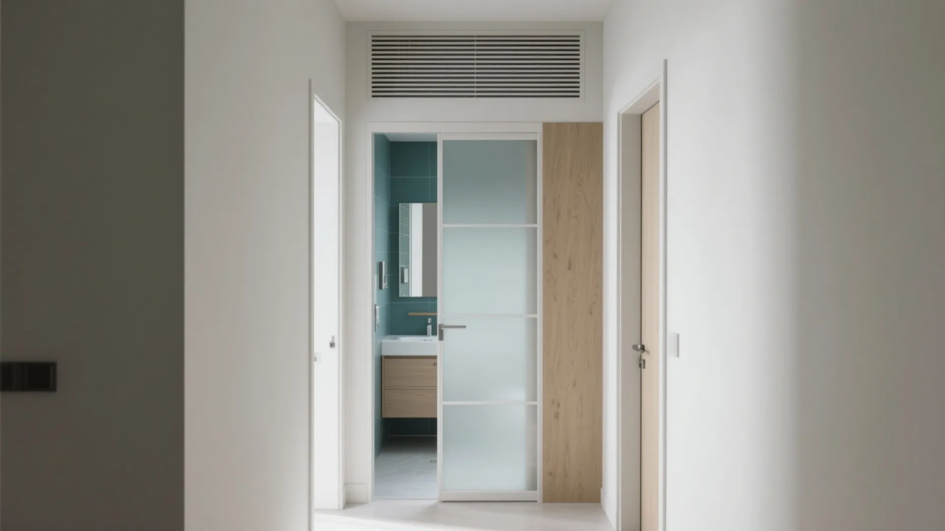 Hallway view into bathroom with blue wall tiles wooden cabinet and frosted glass sliding door