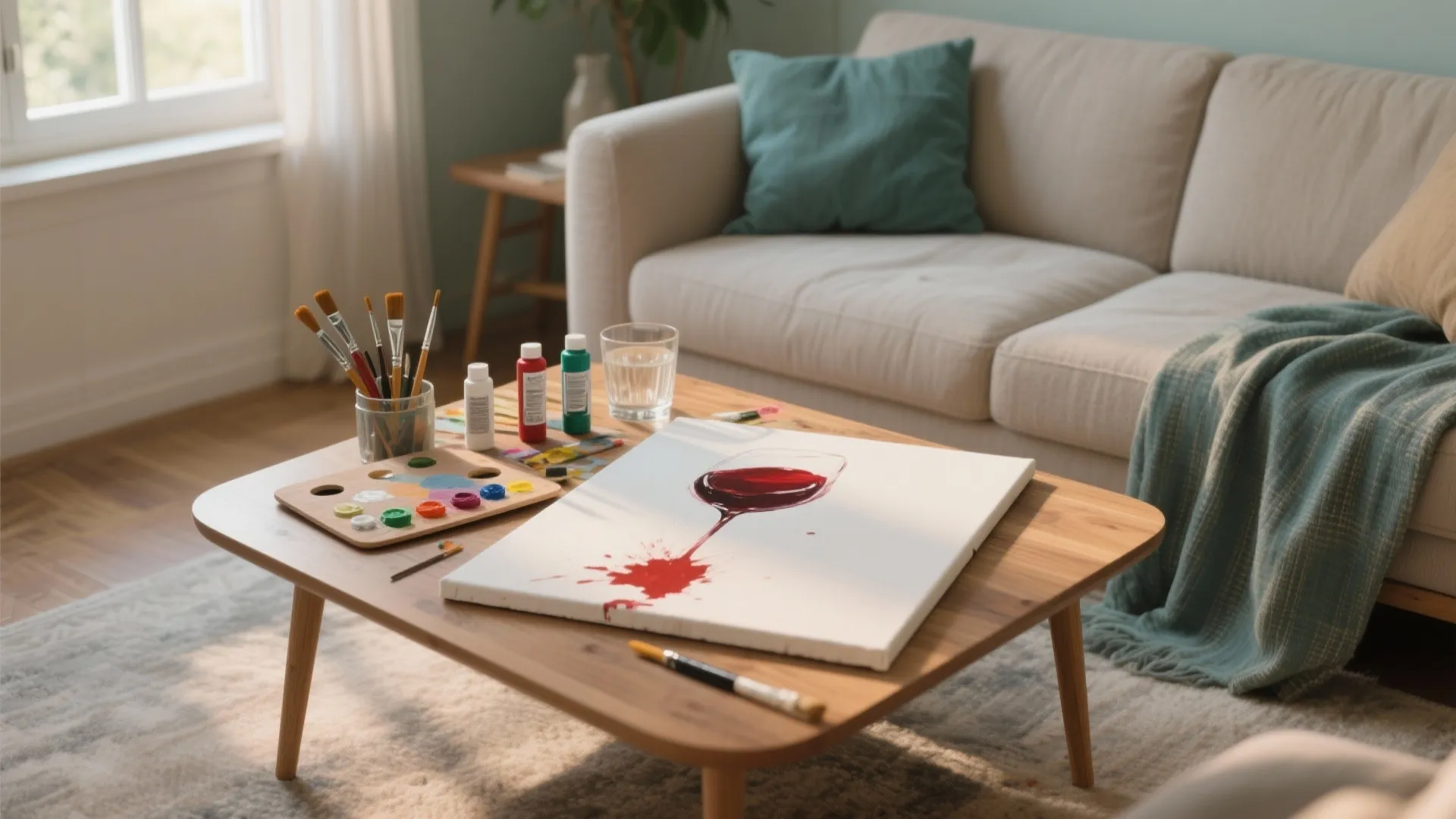 Canvas painting of red wine on wooden table with paint brushes and comfortable living sofa