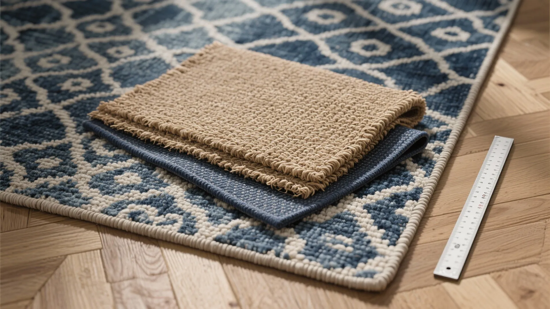 Top-down view of brown sisal under a navy patterned rug swatch with rug pad and tape measure.