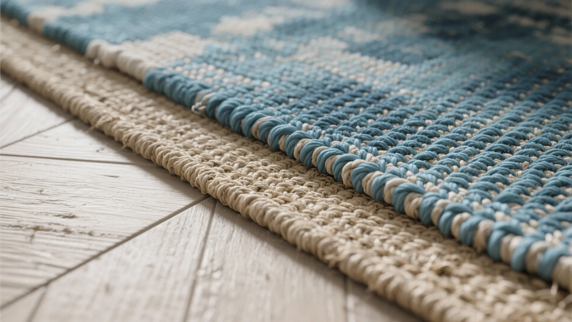 Close up of layered blue patterned rug over a natural woven rug on wooden floor