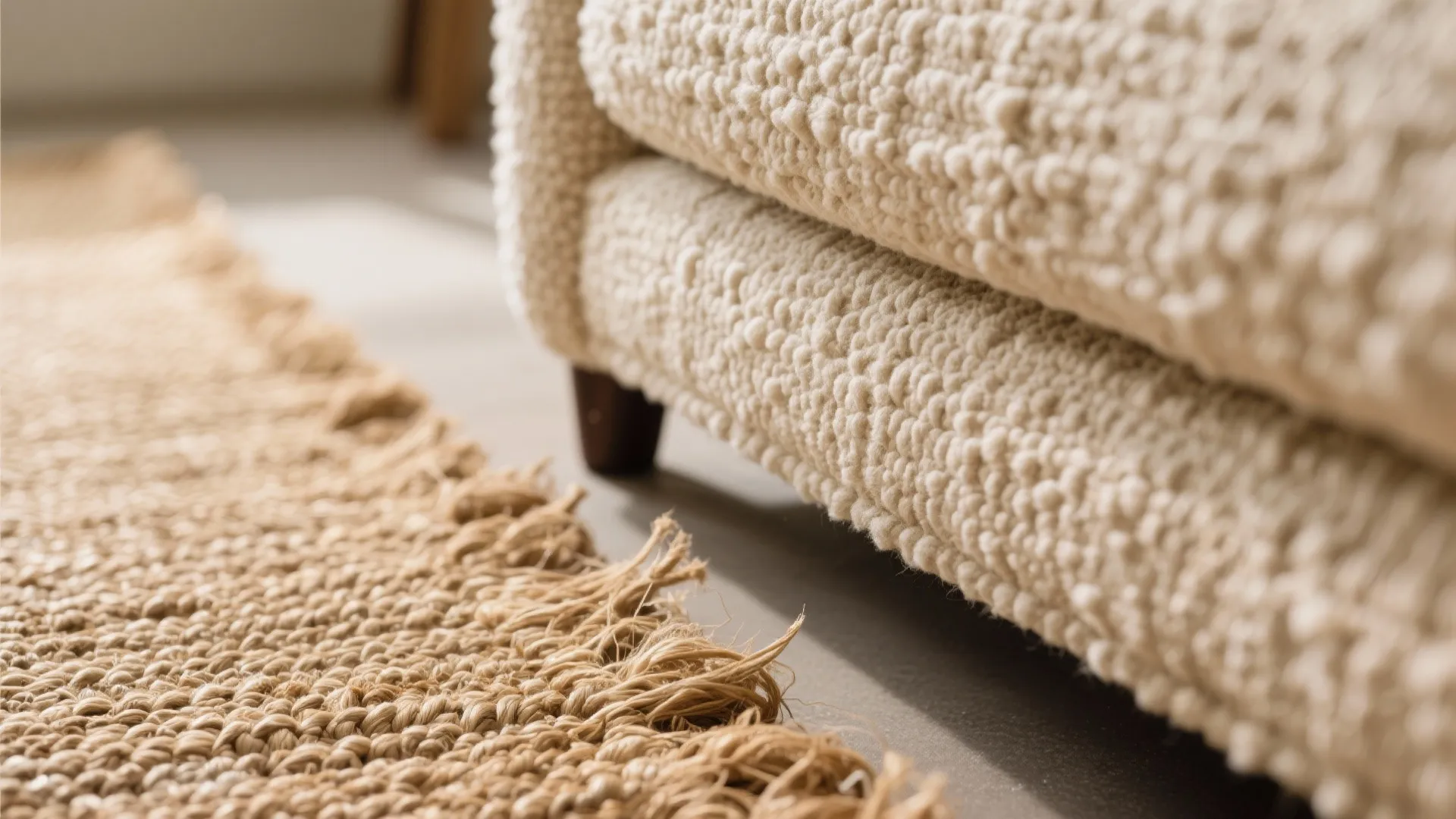 Close up of a textured beige rug next to the white fabric of a sofa