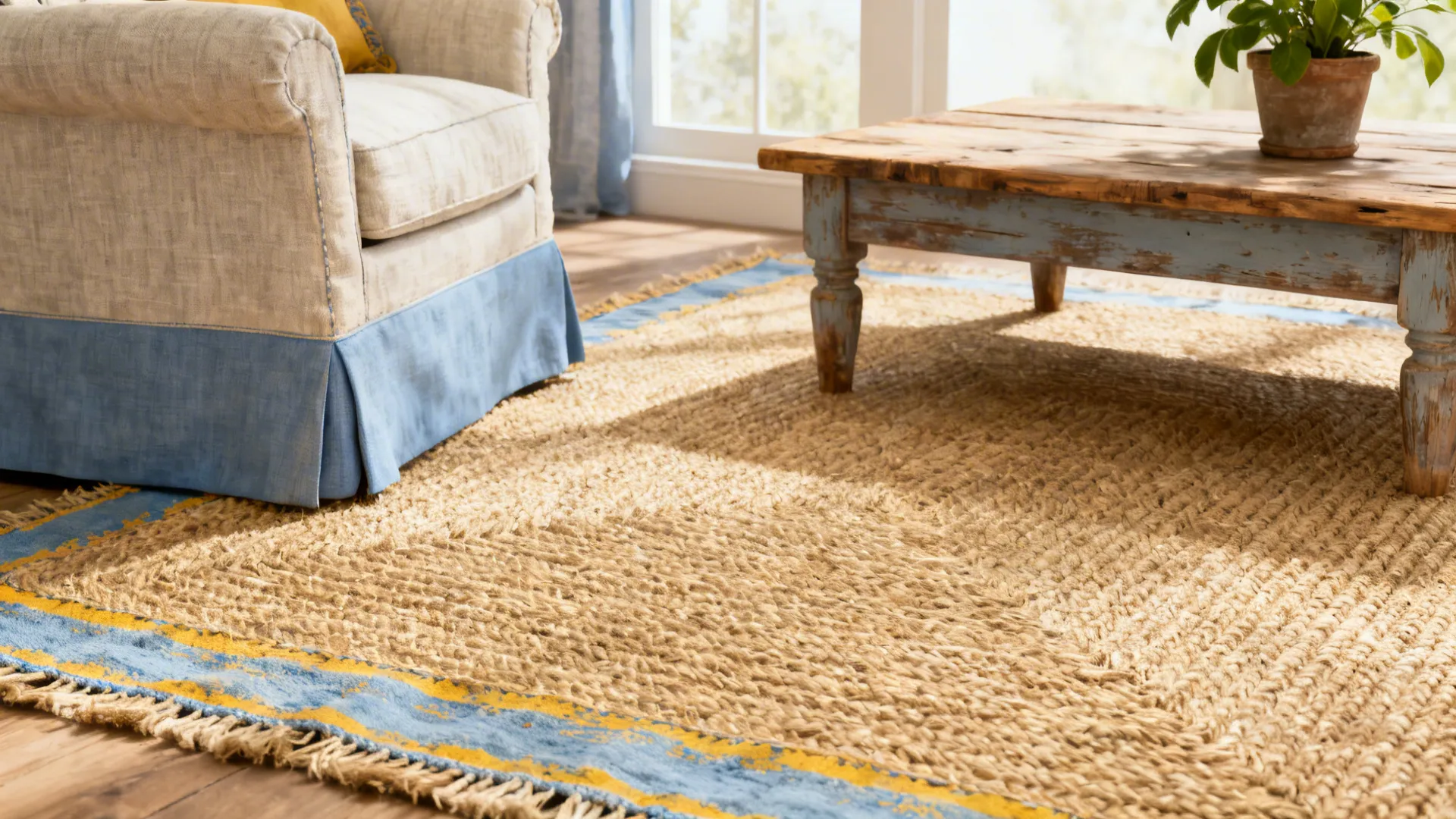 Natural sisal rug layered with a painted-edge runner in soft blue and mustard