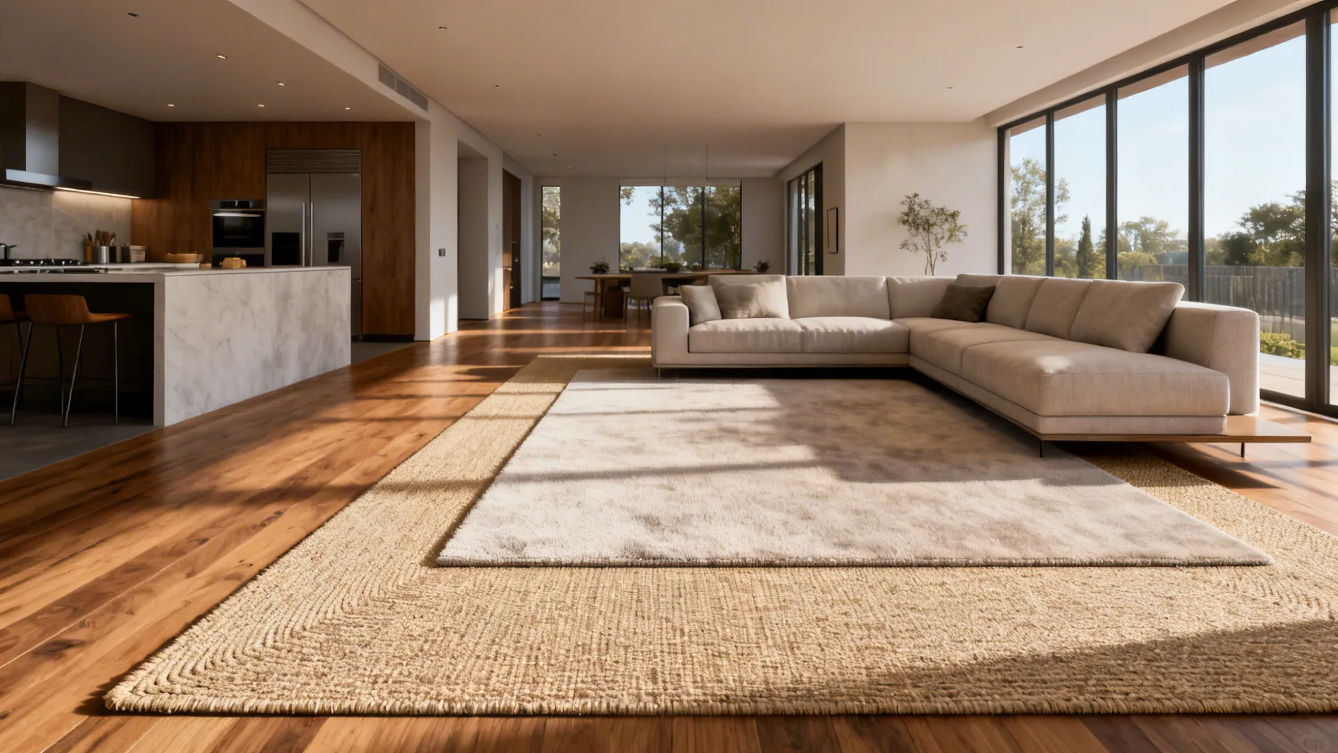 Open-plan living area with a large sisal rug layered with a softer indoor rug to define seating