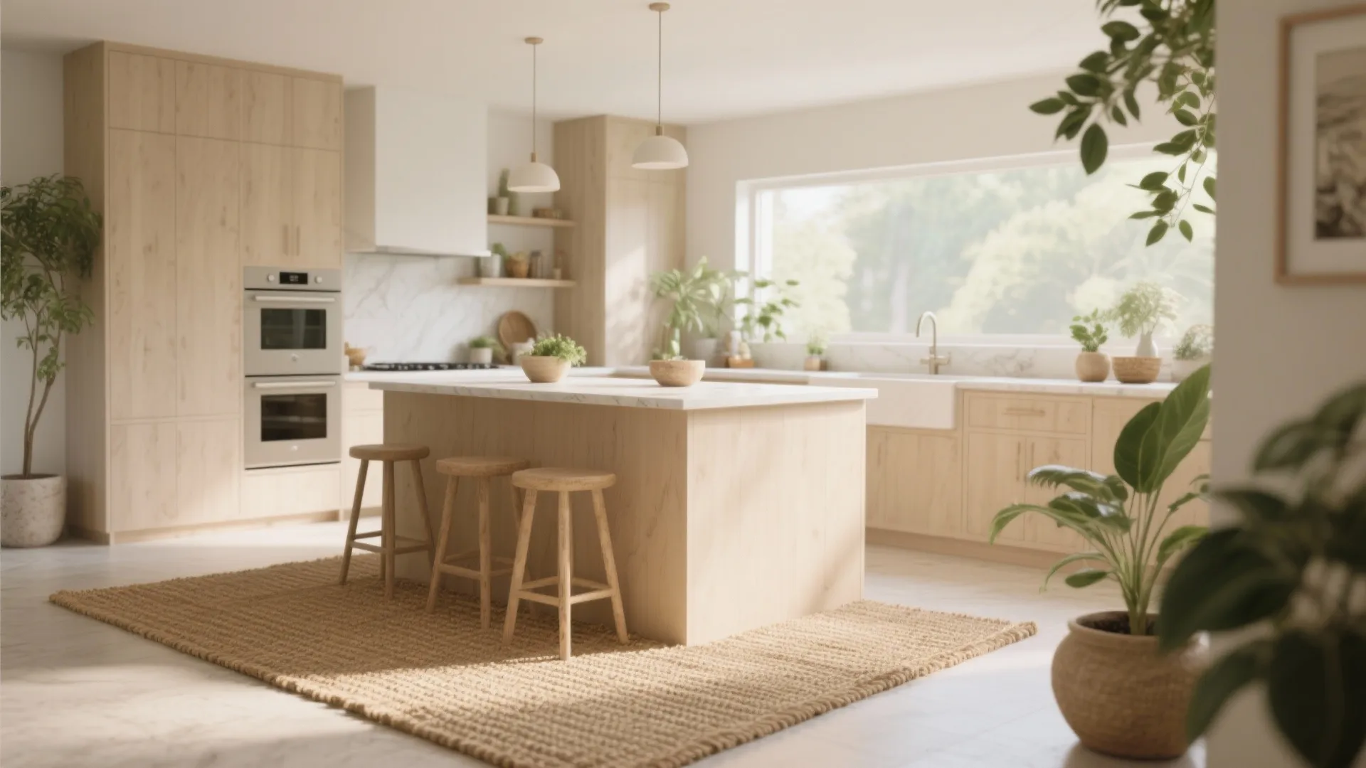 Bright kitchen with wooden cabinets and a natural rug under the central island with stools
