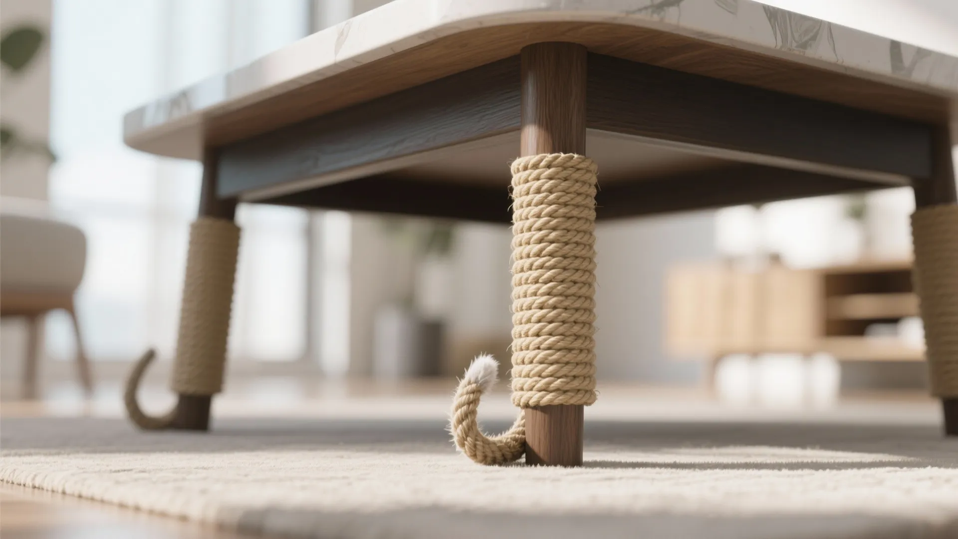 Sisal rope-wrapped table leg for cat scratching