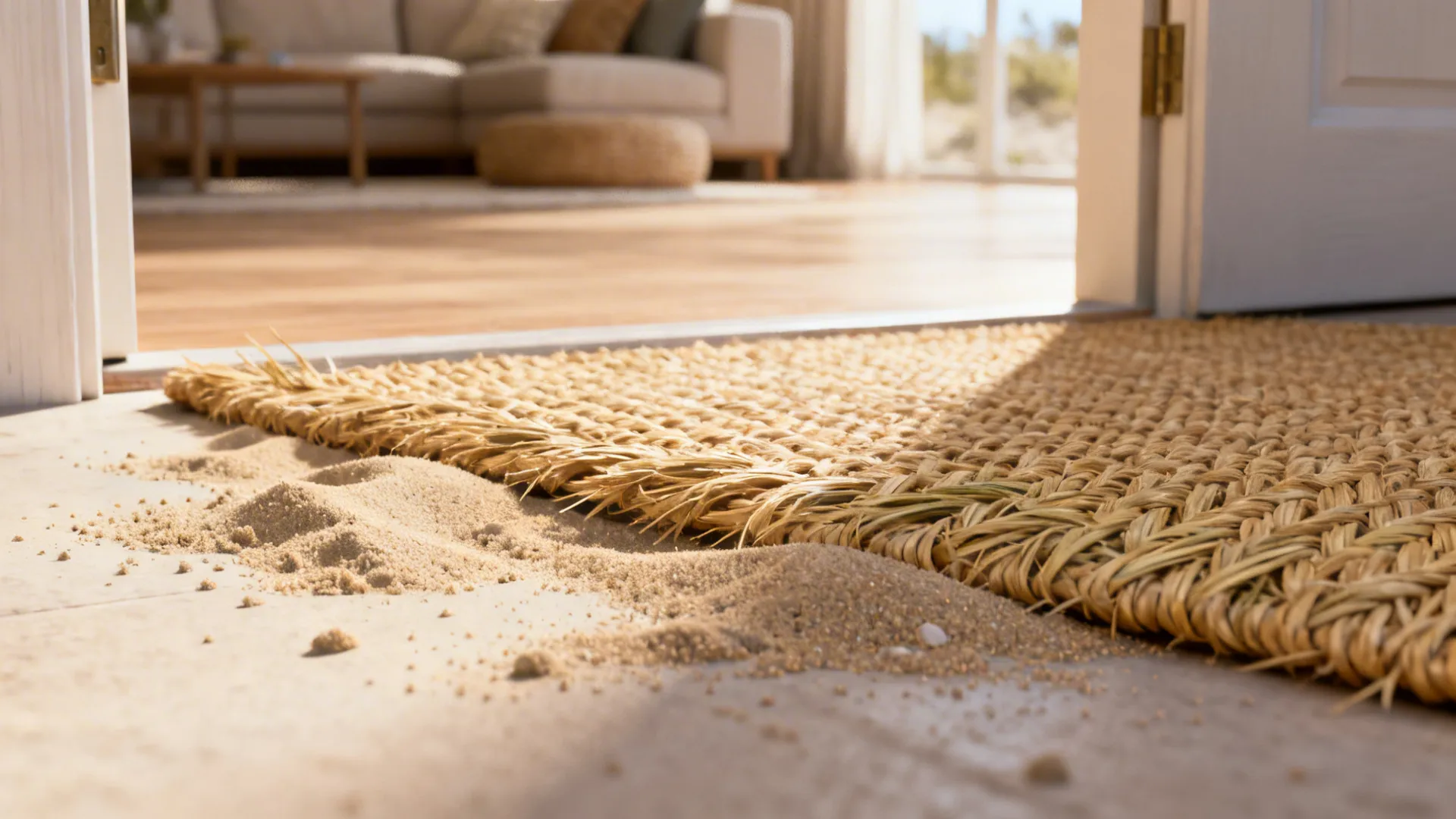 Close-up of seagrass rug weave with a few grains of sand on it near a doorway.