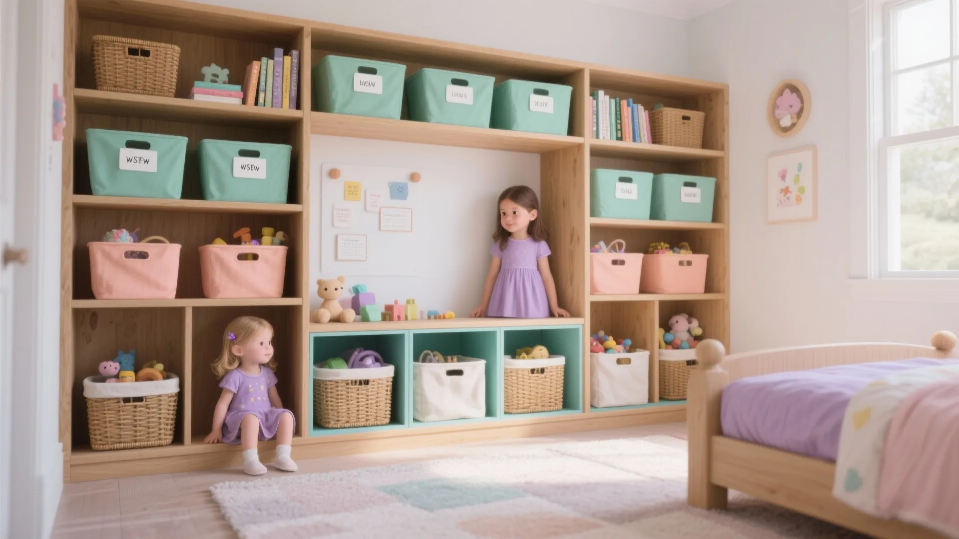 Kids bedroom with large wooden storage cabinet featuring teal bins pink baskets and colorful rug