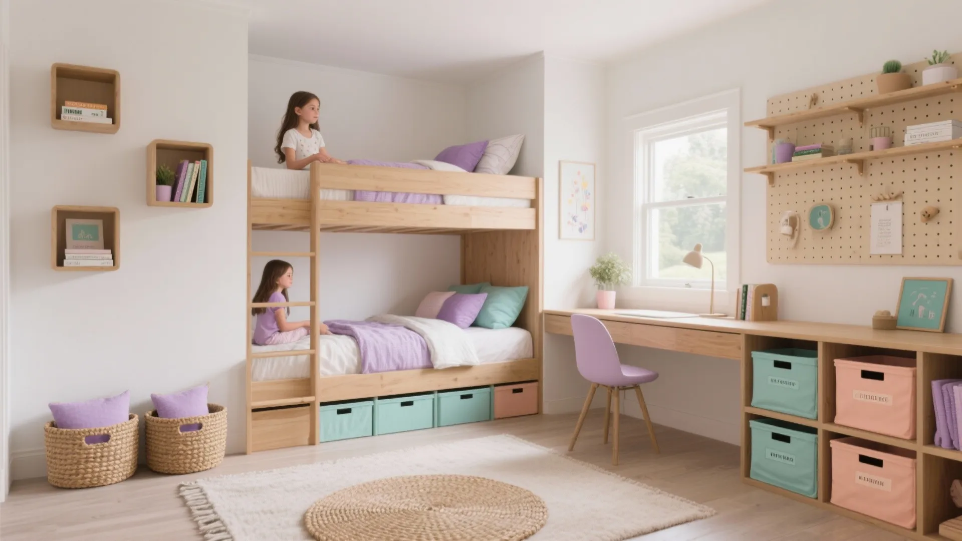 Wooden bunk bed with purple bedding in a kids bedroom featuring a desk and pegboard