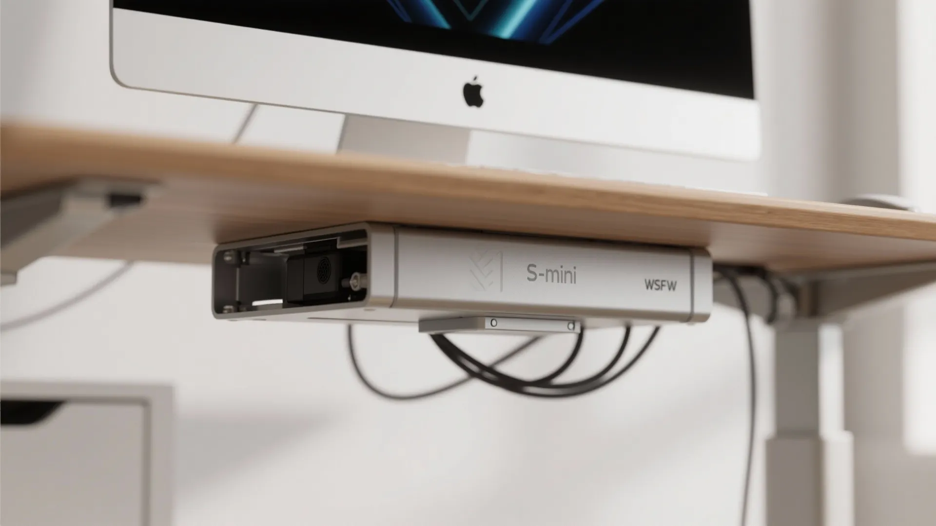 Close-up of a slim electric riser and metal frame under a compact sit-stand mini desk with neat cable routing