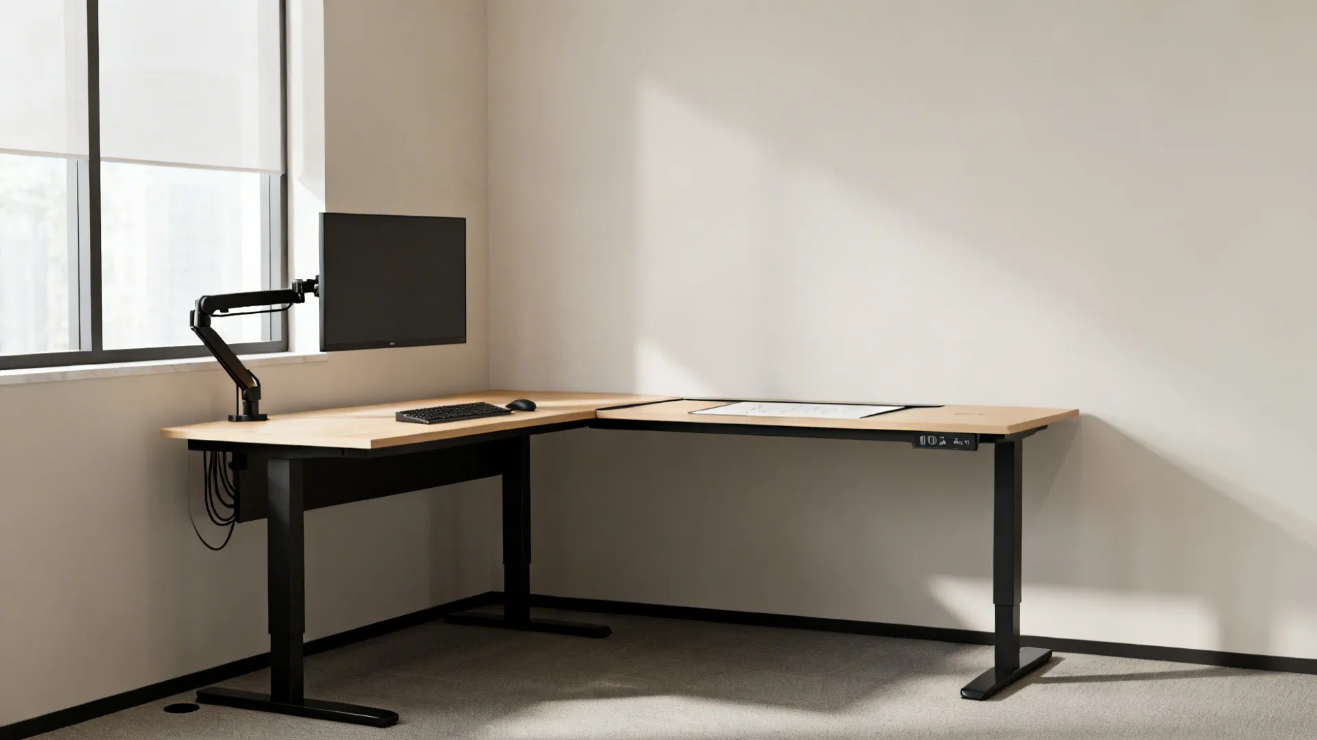 L-shaped sit-stand desk in a 10x10 office with cable management and a monitor arm.