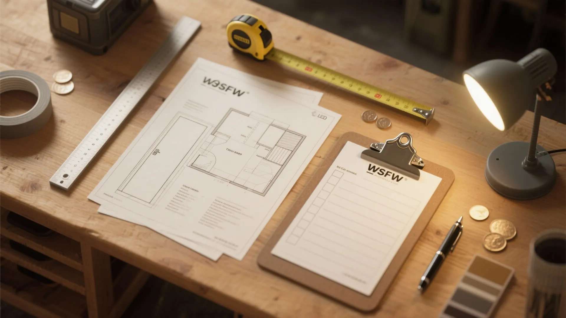 Wooden desk with room layout drawing clipboard tape measure metal ruler and small desk lamp
