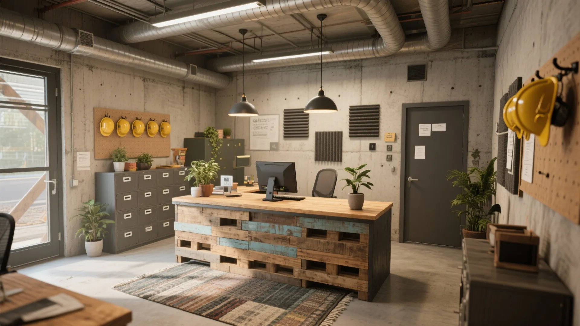 Industrial office reception with wood pallet desk concrete walls yellow hard hats and hanging light fixtures