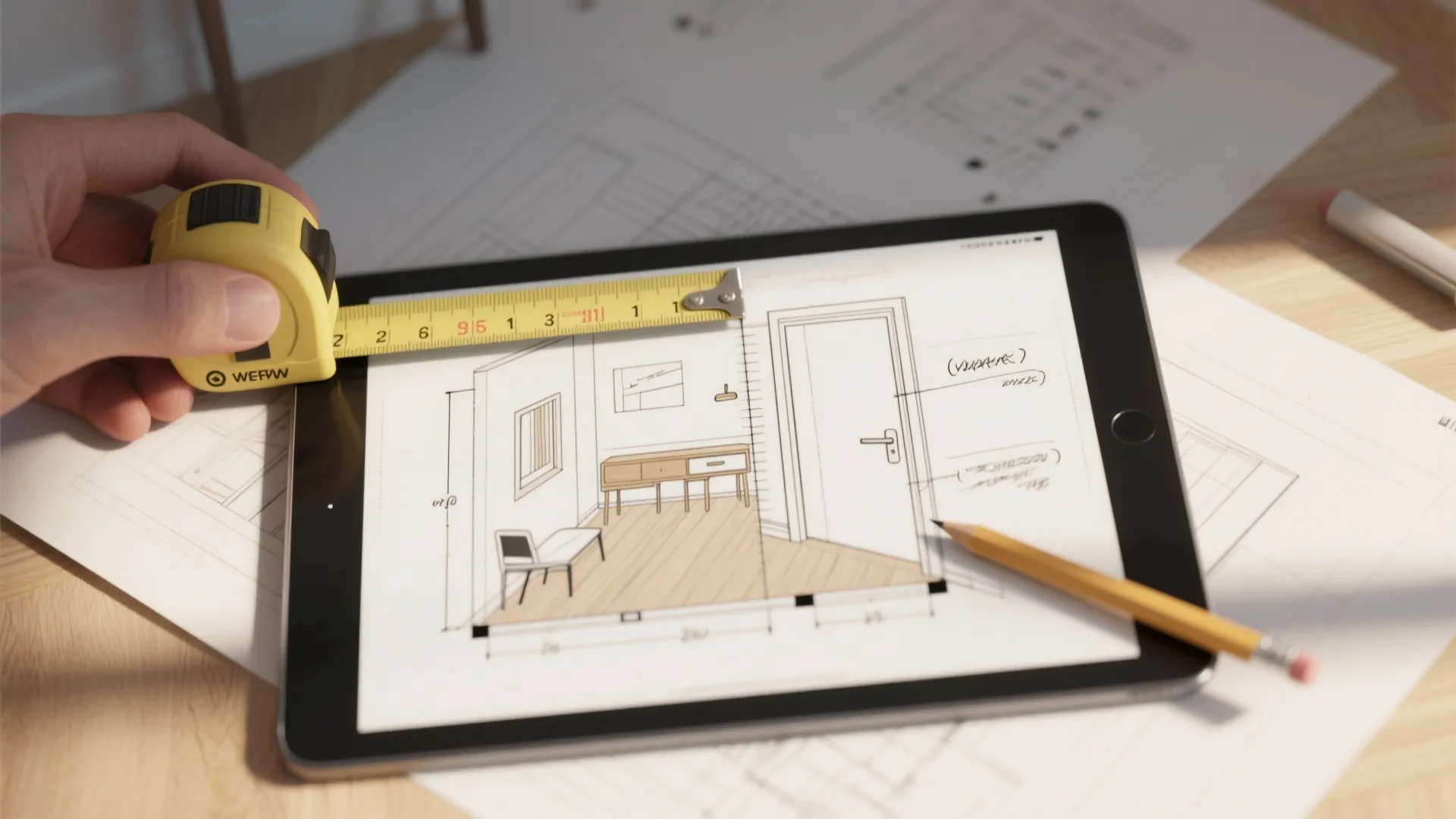 Top-down layout with tape measure, annotated floorplan and tablet showing door clearance planning.