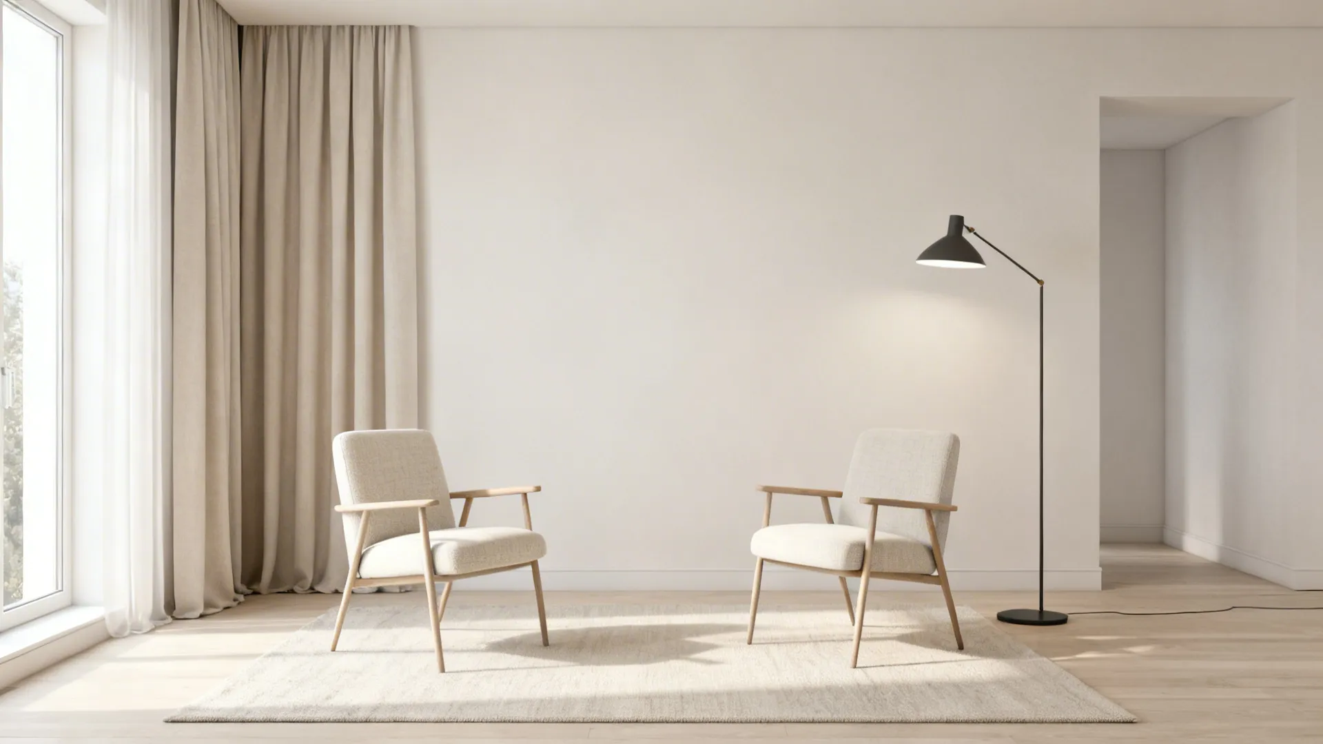 Airy small sitting room with slim chairs, light fabrics and a reading lamp