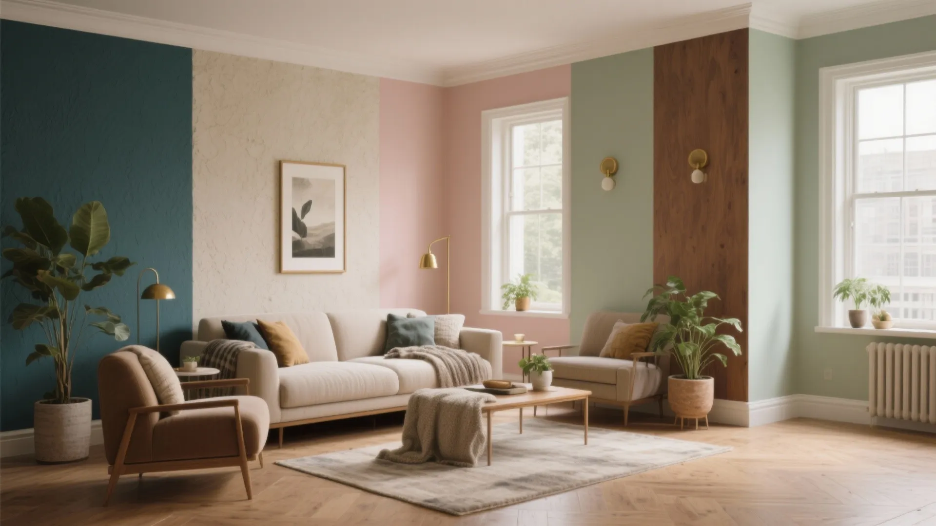Modern living room with colorful wall panels white sofa wooden coffee table and indoor green plants