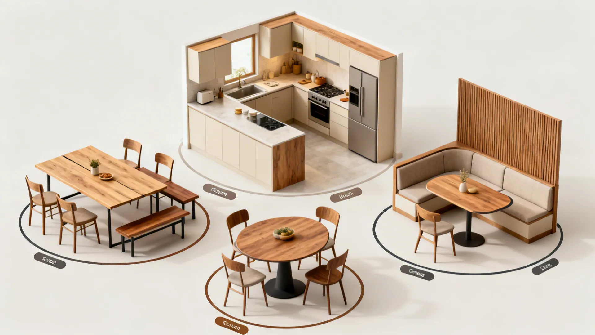 Top-down composite showing four ways to seat six in a compact kitchen with clear circulation paths.