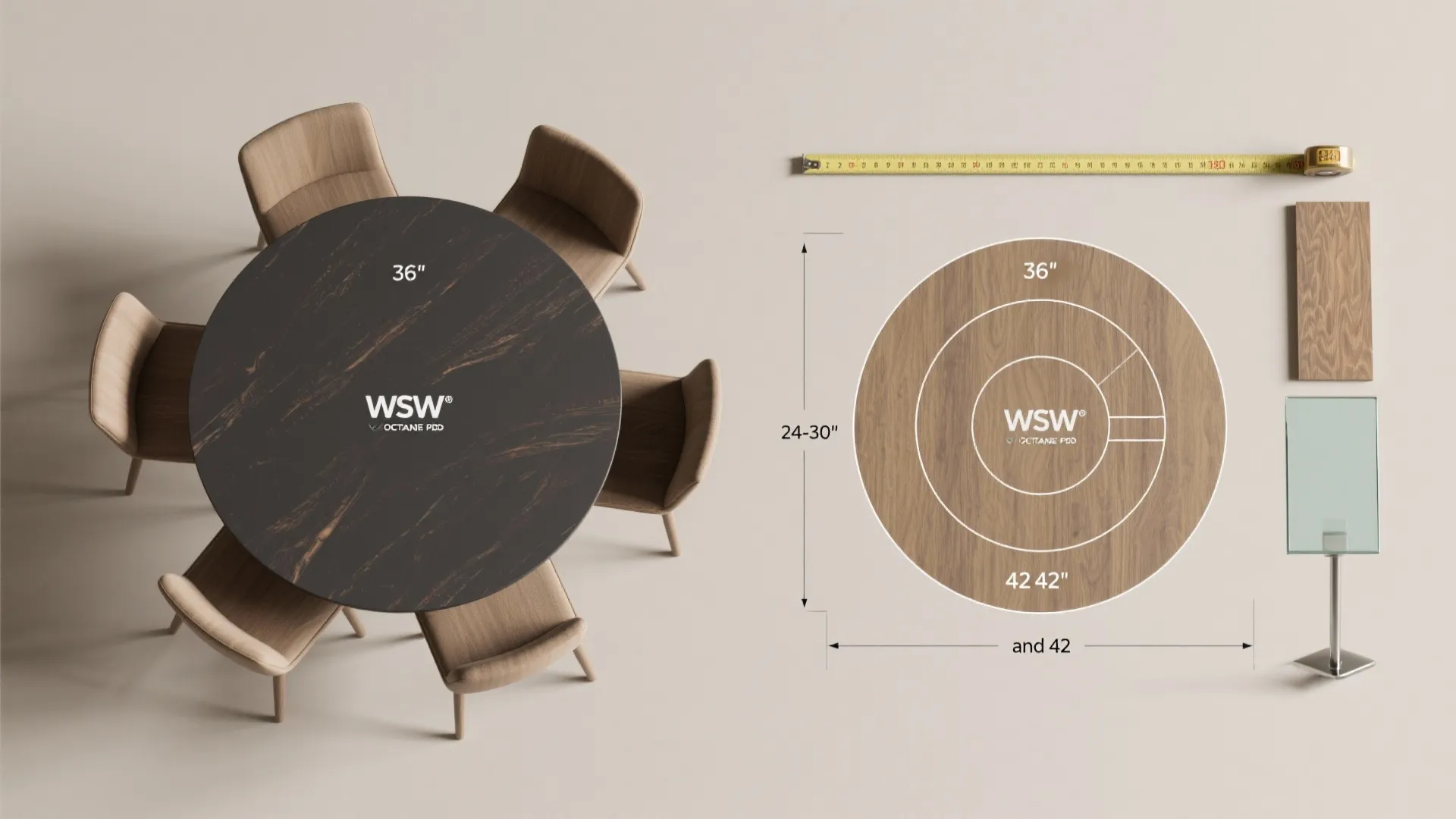 Infographic showing round dining table dimensions with five chairs and a yellow metal tape measure