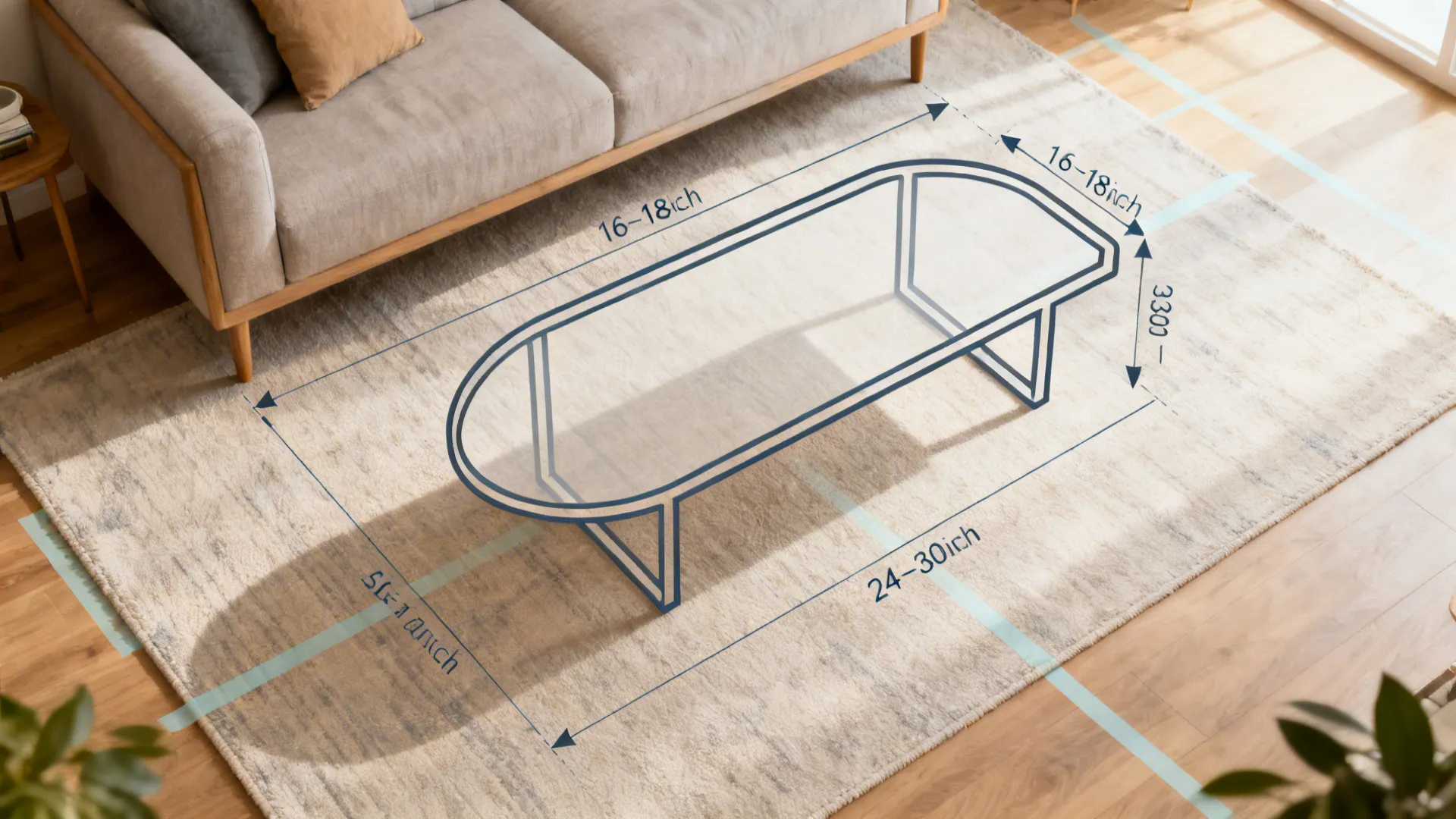 Top-down small living room showing ideal coffee table length and clearances with floor tape.