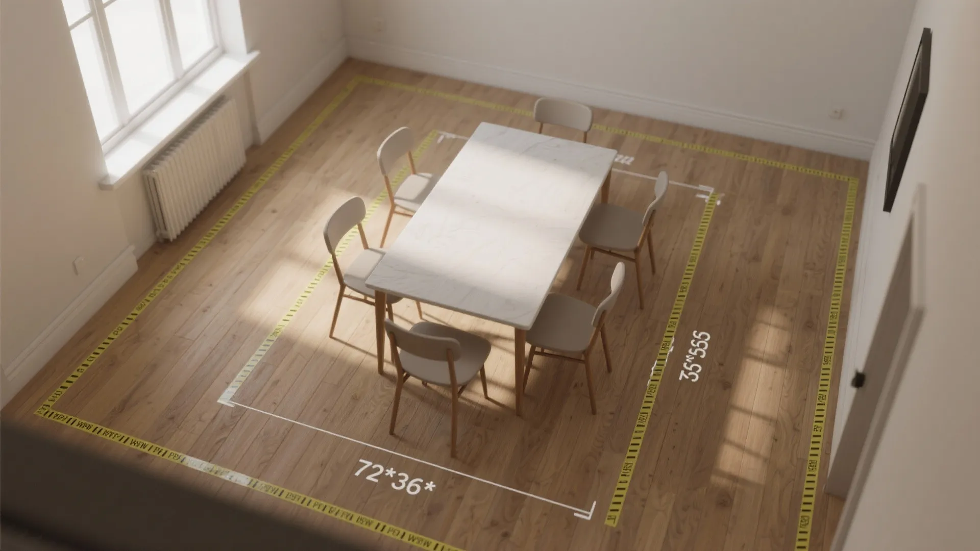 Marble dining table with six grey chairs on wood floor showing room layout clearance measurement