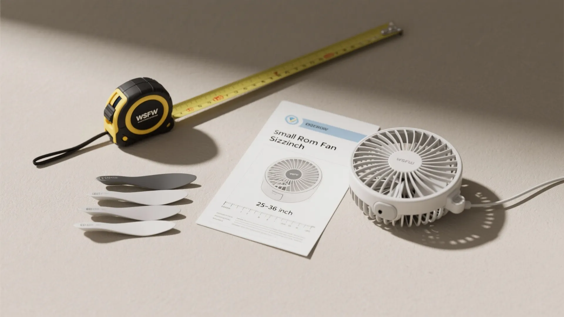 Small white room fan with measuring tape manual and extra fan blades on beige flat floor