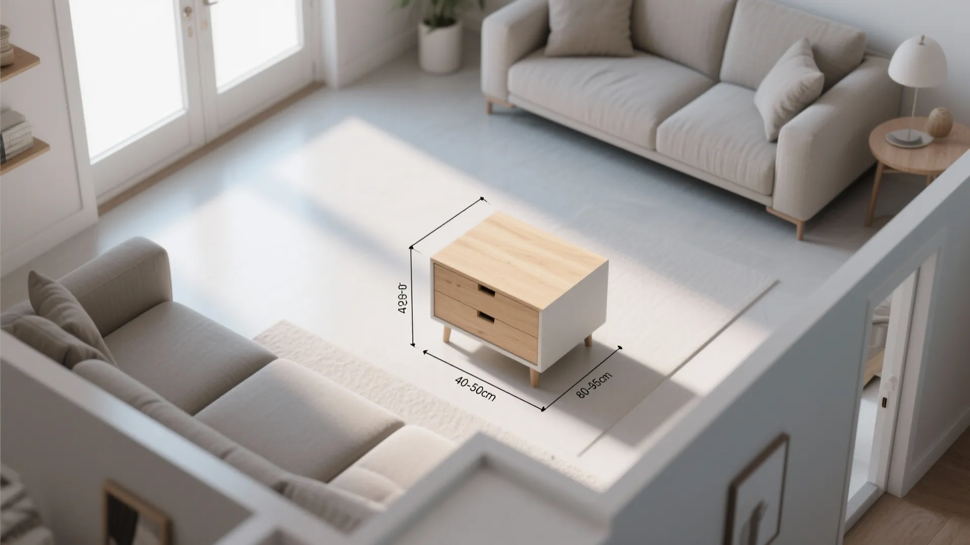 Top-down layout showing clearances around a small chest and a neutral matte finish with wood accents.