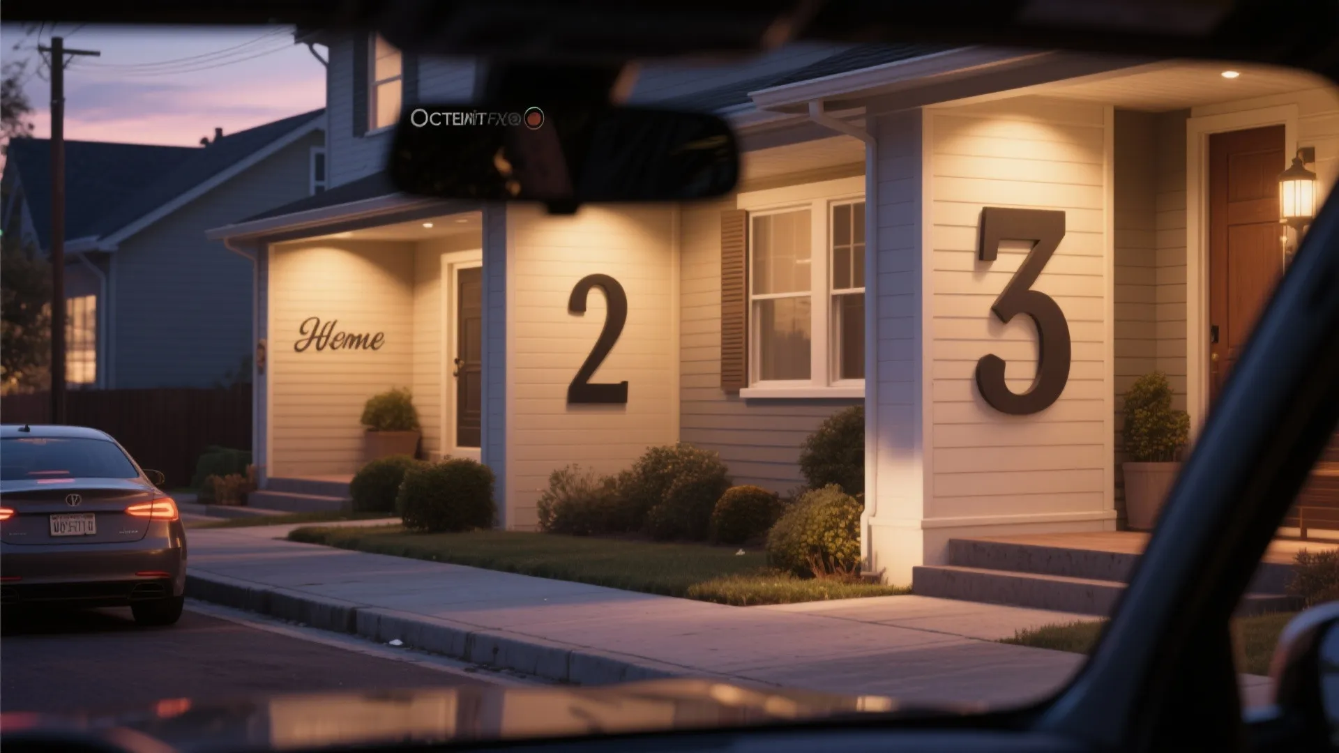 Street view of two houses with large black address numbers on white walls at sunset