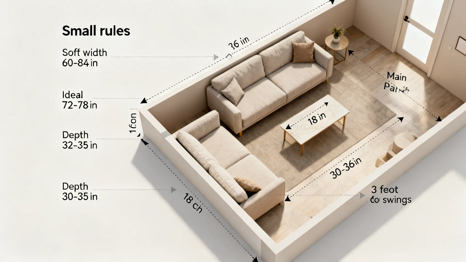 Top-down layout illustrating sofa clearances and spacing for small rooms.