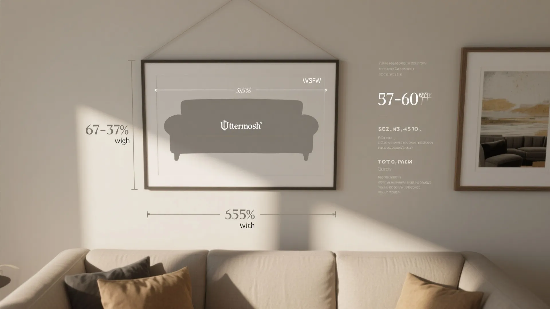Size guide flatlay showing sofa-width and hanging-height overlays for choosing Uttermost wall art sizes.
