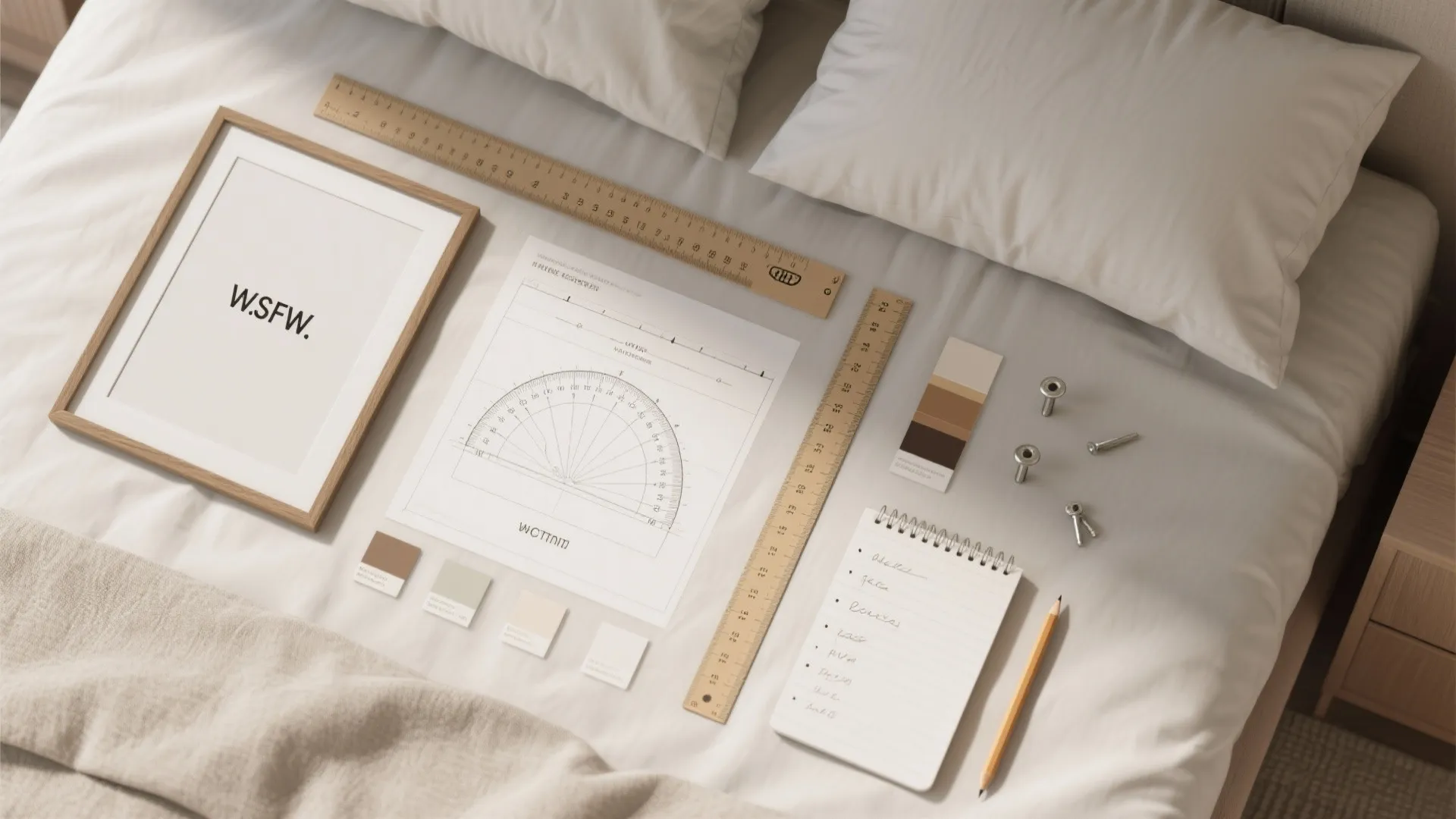 Flat lay of bedroom design tools including rulers wooden picture frame notepad pencil and color samples