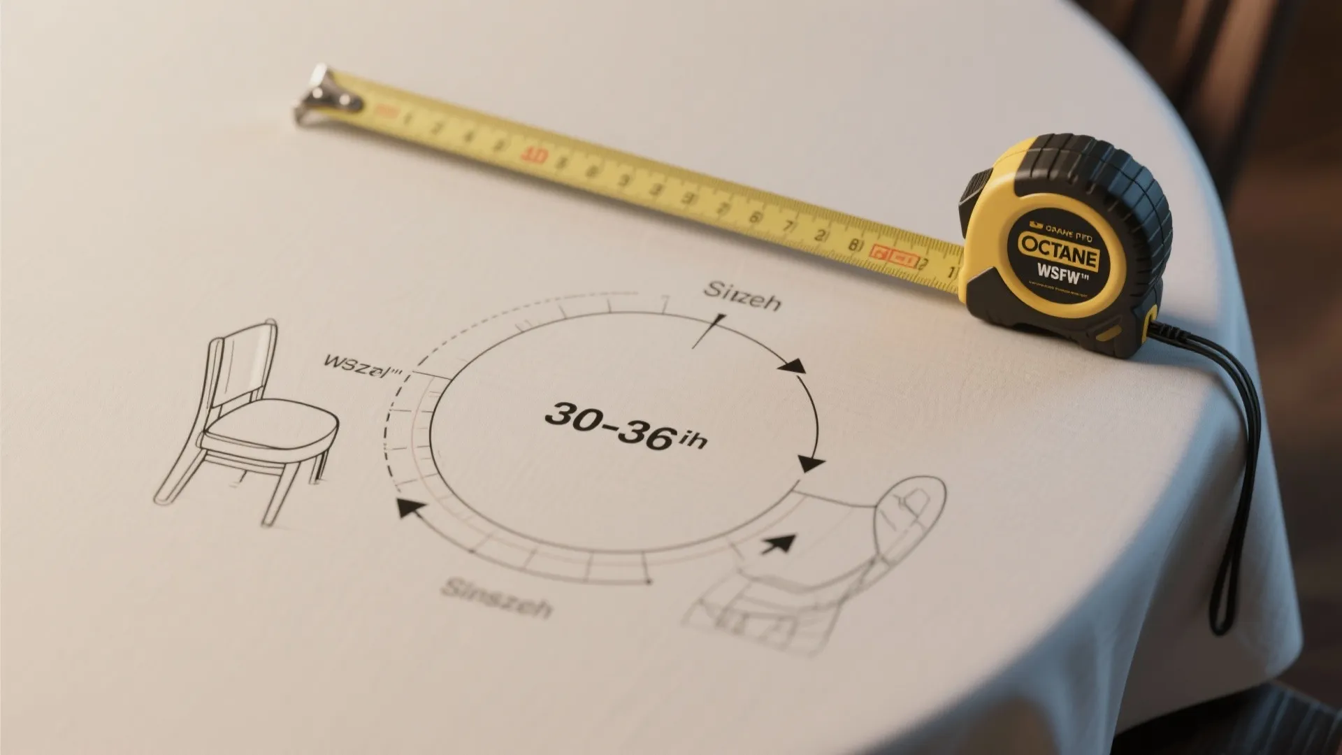 Tape measure over a round table drawing showing chair clearance and standard dining room layout