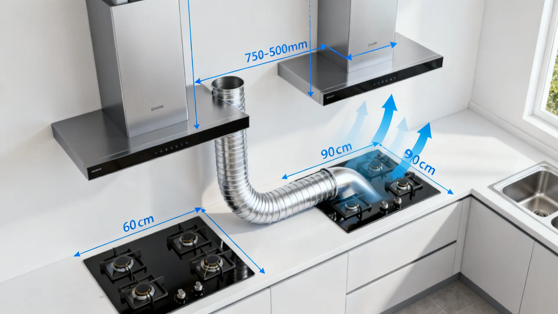Top-down visual guide showing chimney width matching hob, ideal height, and straight ducting.