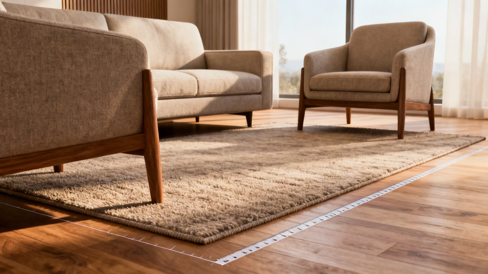 Sofa and chairs with a rug sized so the front legs rest on it, with tape mockup for scale.