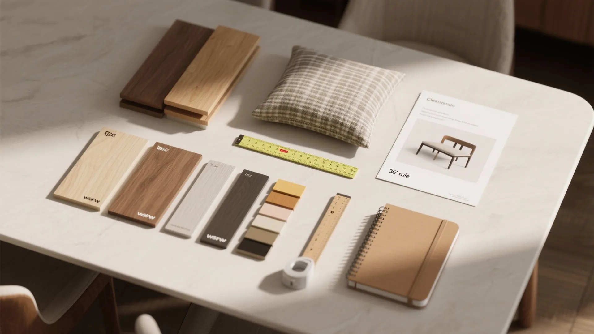 Various wood floor samples and fabric swatches with a yellow ruler on a clean table