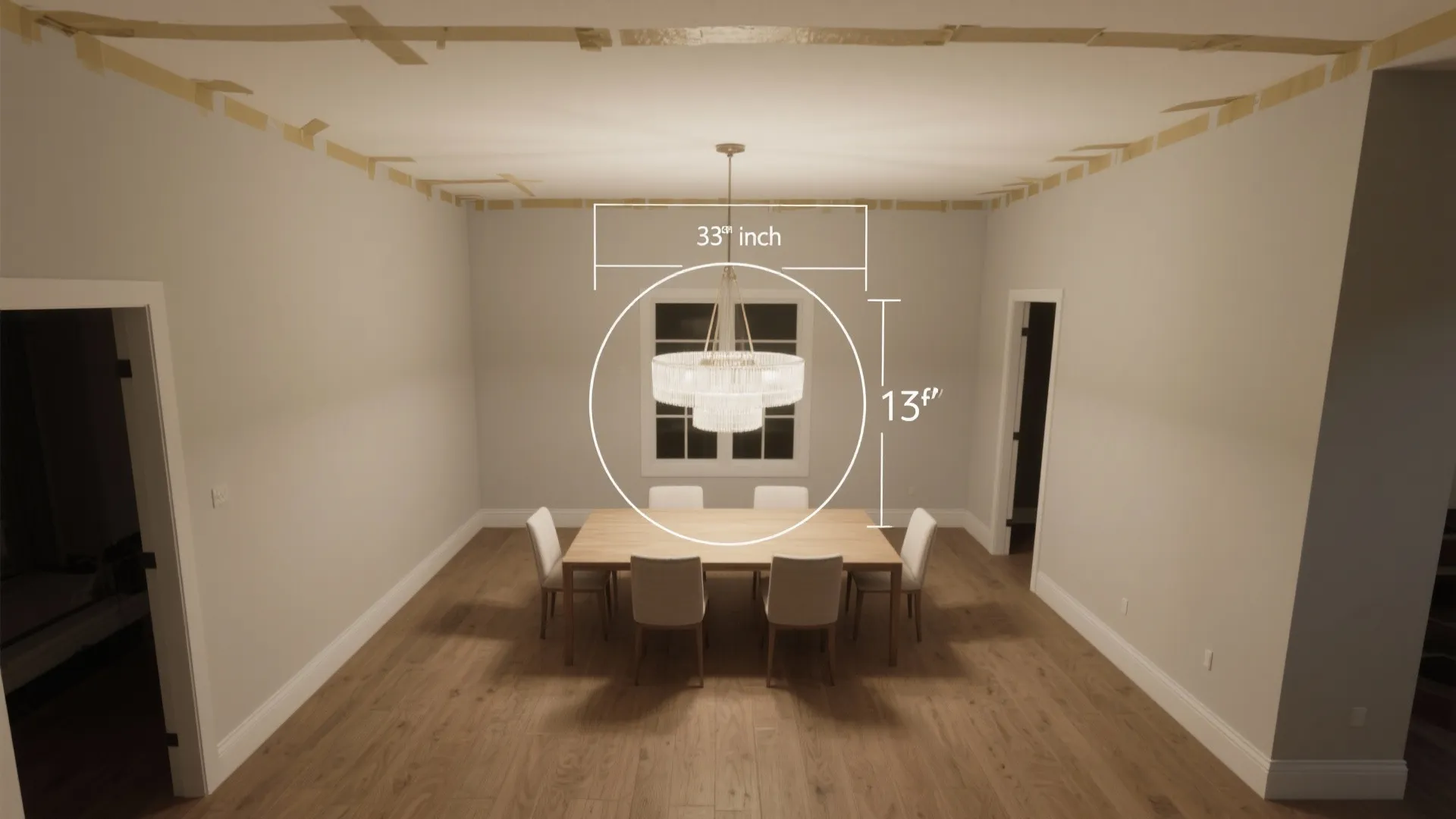 Dining room with wooden table and chairs plus a ceiling light featuring white measurement markings