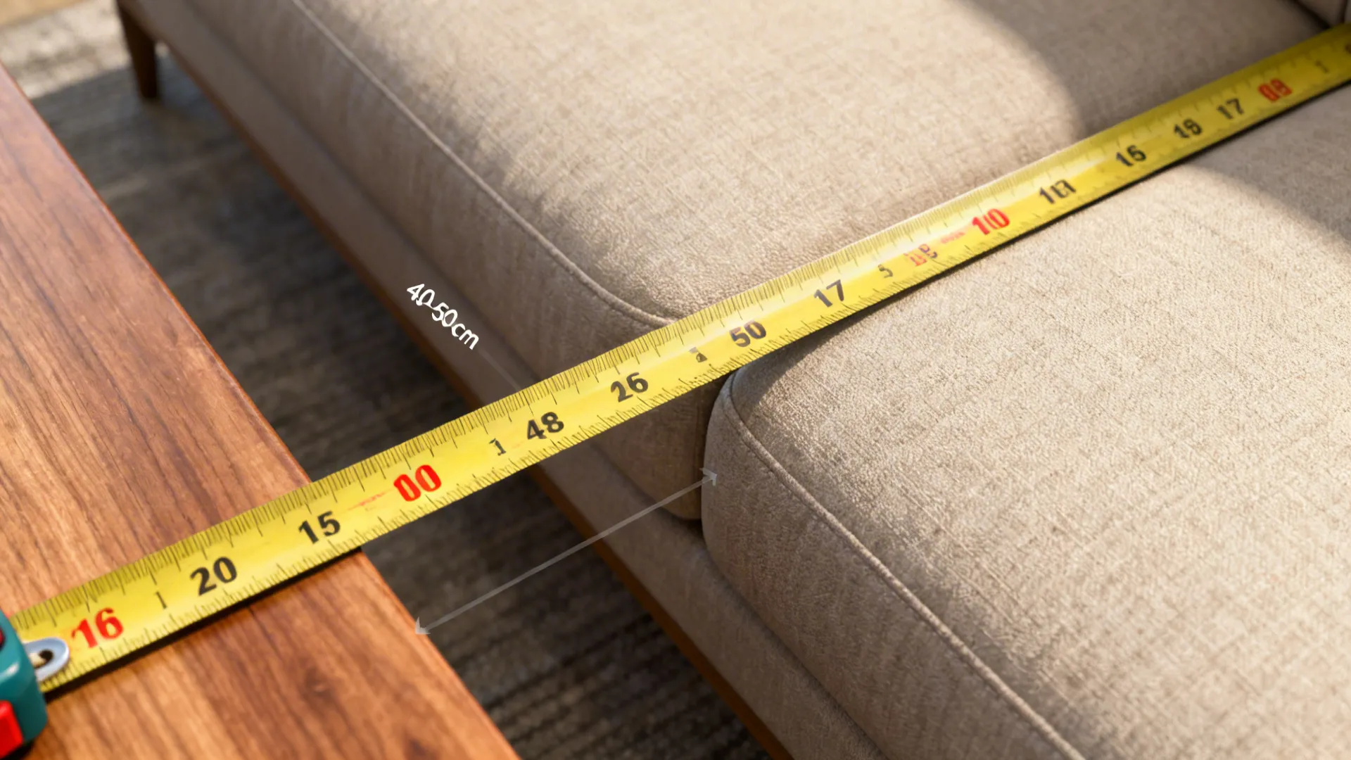 Measuring tape across sofa and coffee table showing recommended proportions and clearances