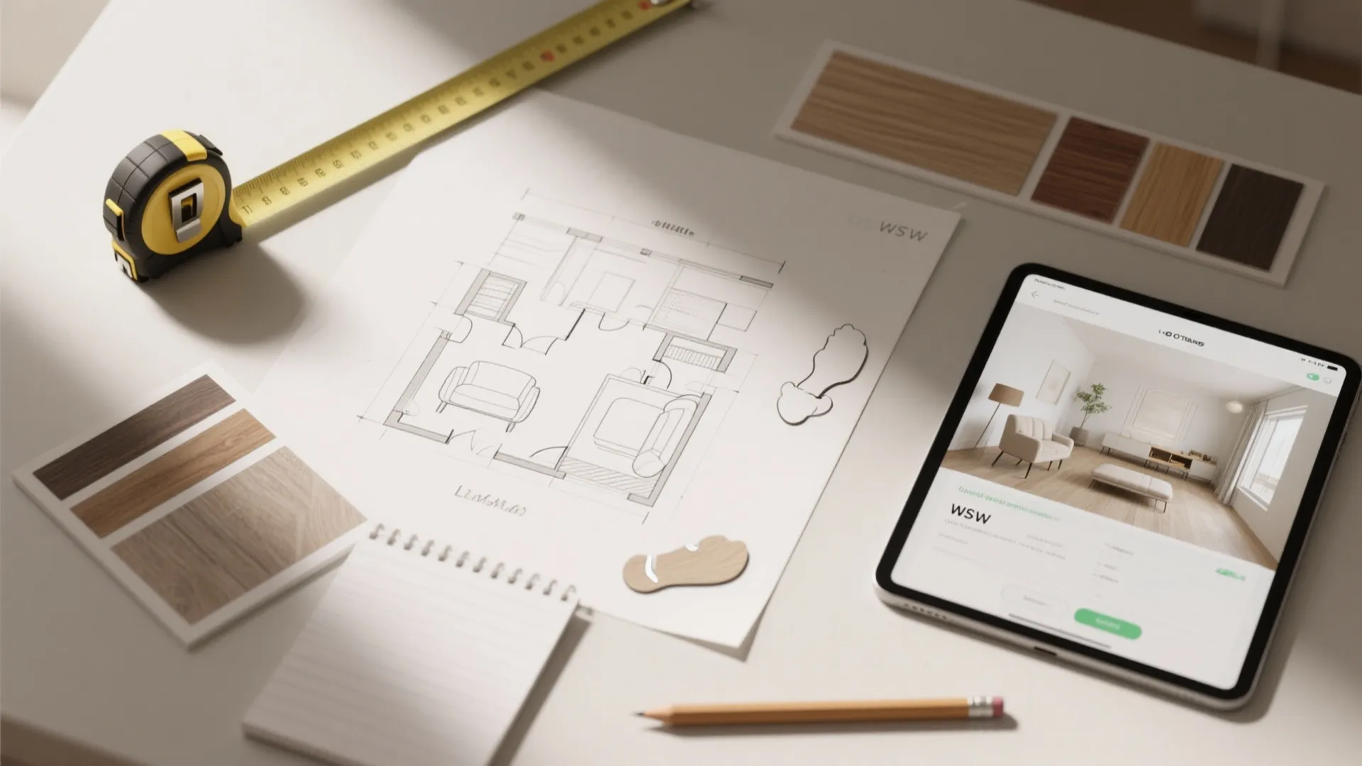 Work desk with hand-drawn floor plan, measuring tape, tablet showing room design, and wood samples