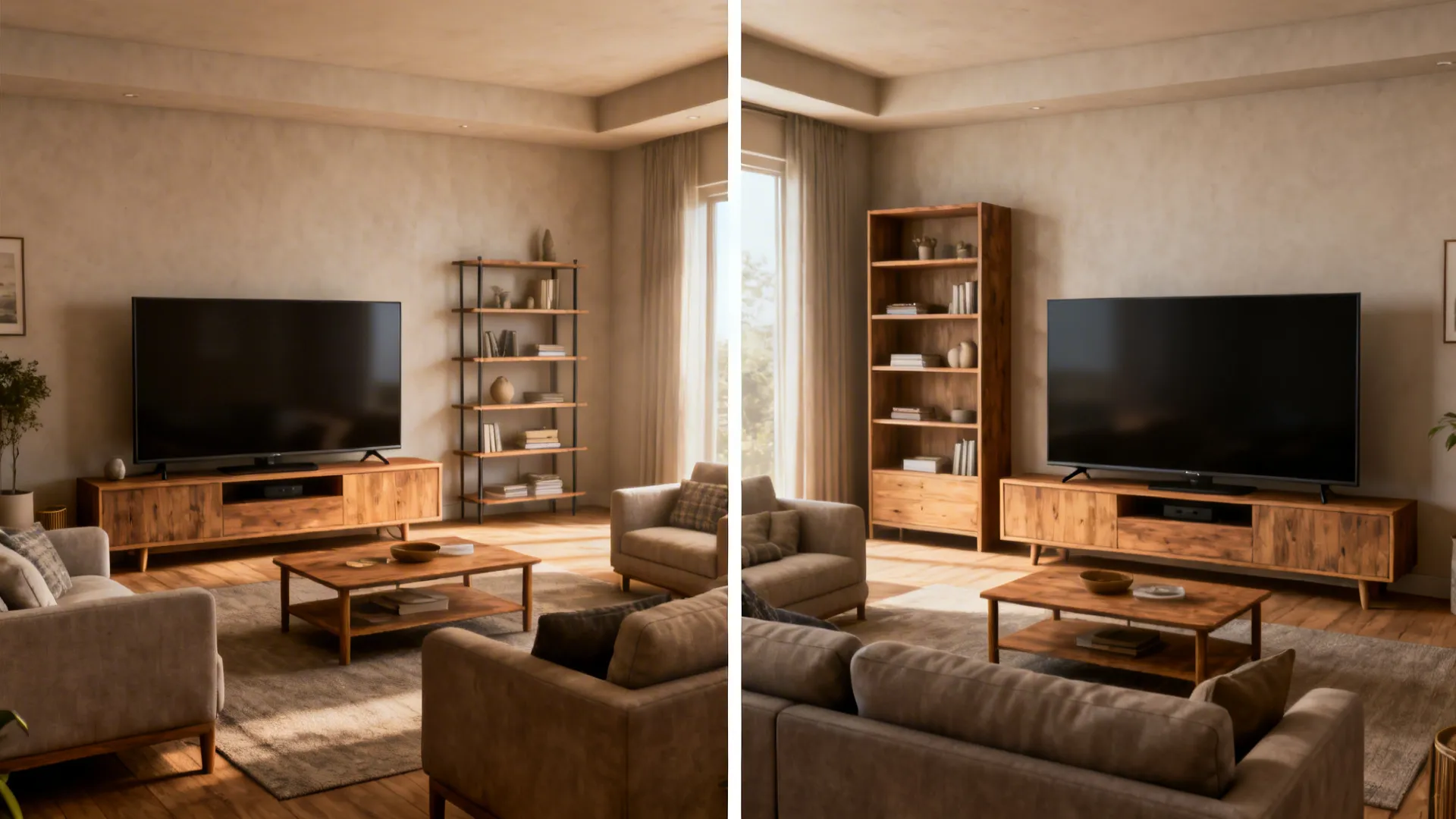Side-by-side living room scenes comparing small and larger TV sizes with adjusted furniture for balance