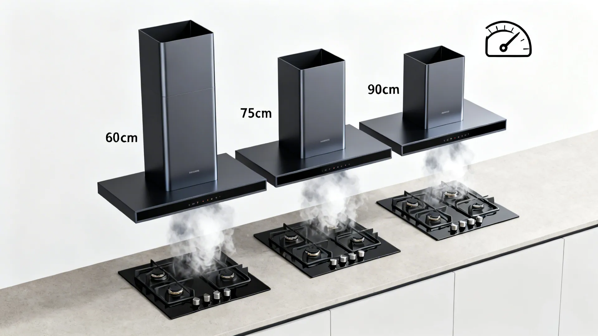 Comparison of three black kitchen vent hoods in different sizes showing steam above stove tops