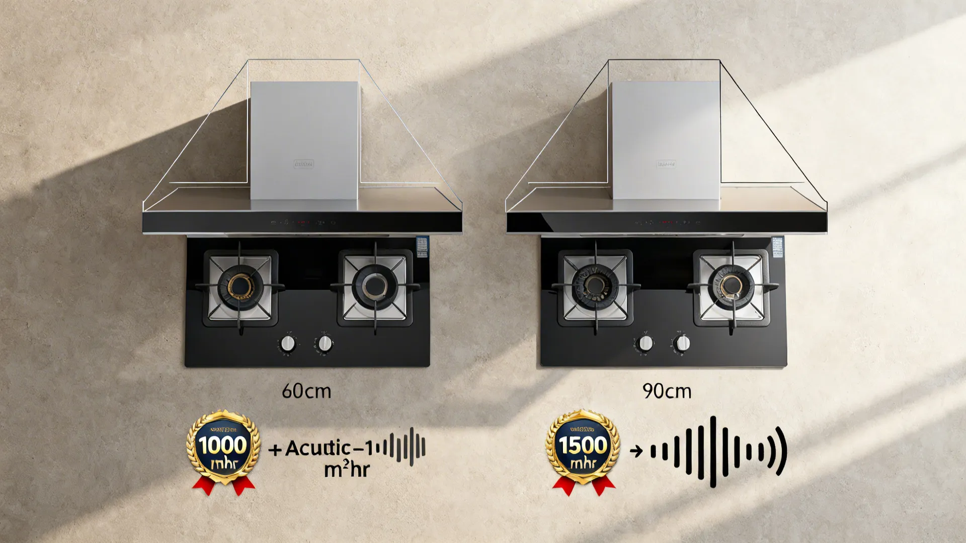 Top-down board comparing hob sizes, matching canopies, suction ranges, and noise cues.