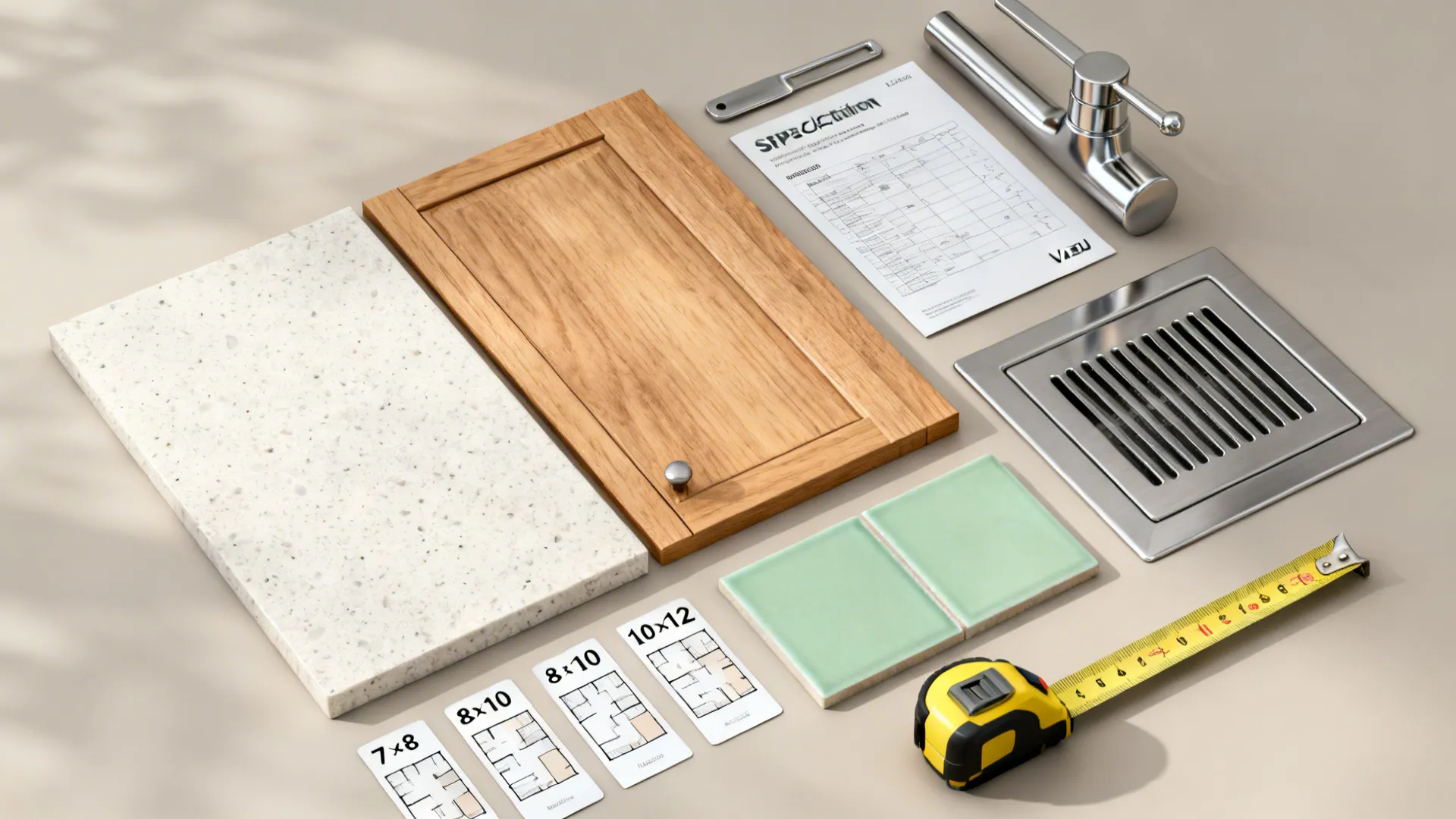 Flatlay of quartz, wood, green tile, stainless hardware and layout cards for 7×8, 8×10, 10×12 kitchens.