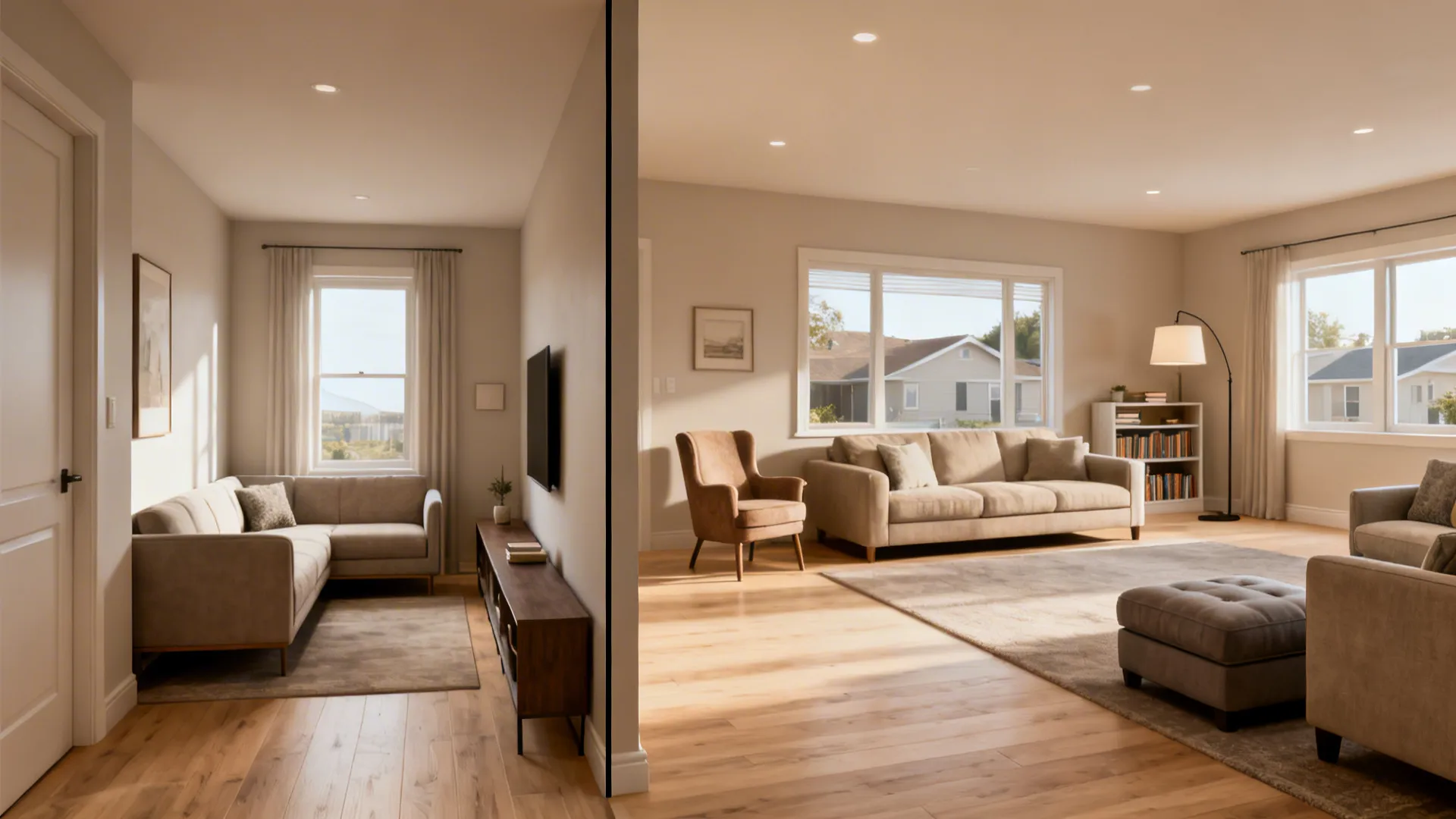 Split image comparing a compact apartment living room and a larger suburban living room to show scale differences