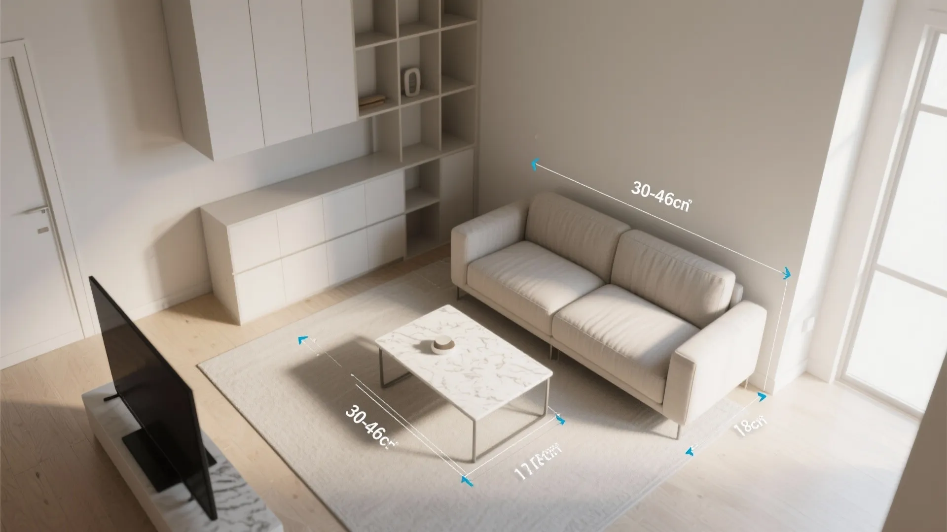 Interior design drawing showing measurements between sofa coffee table and tv for a room layout