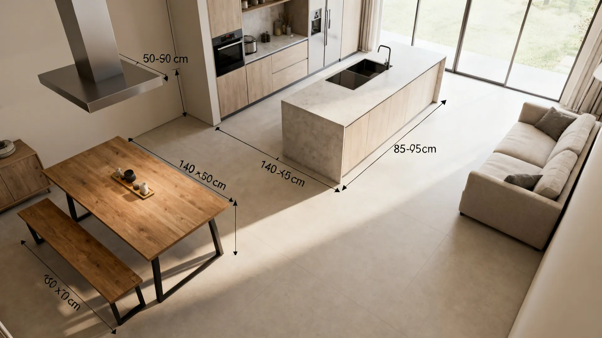 Top-down scaled footprints for island, dining table with bench, sofa, walkways, and hood zones.