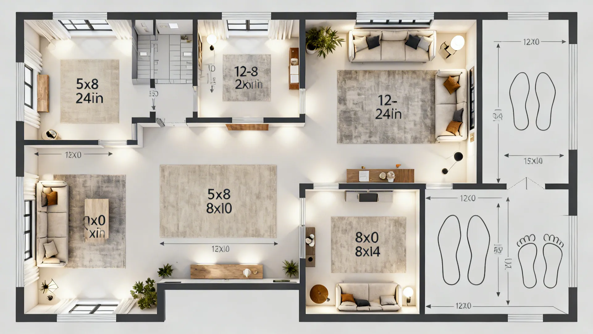 Top-down room diagrams illustrating rug size recommendations and clearance guidelines
