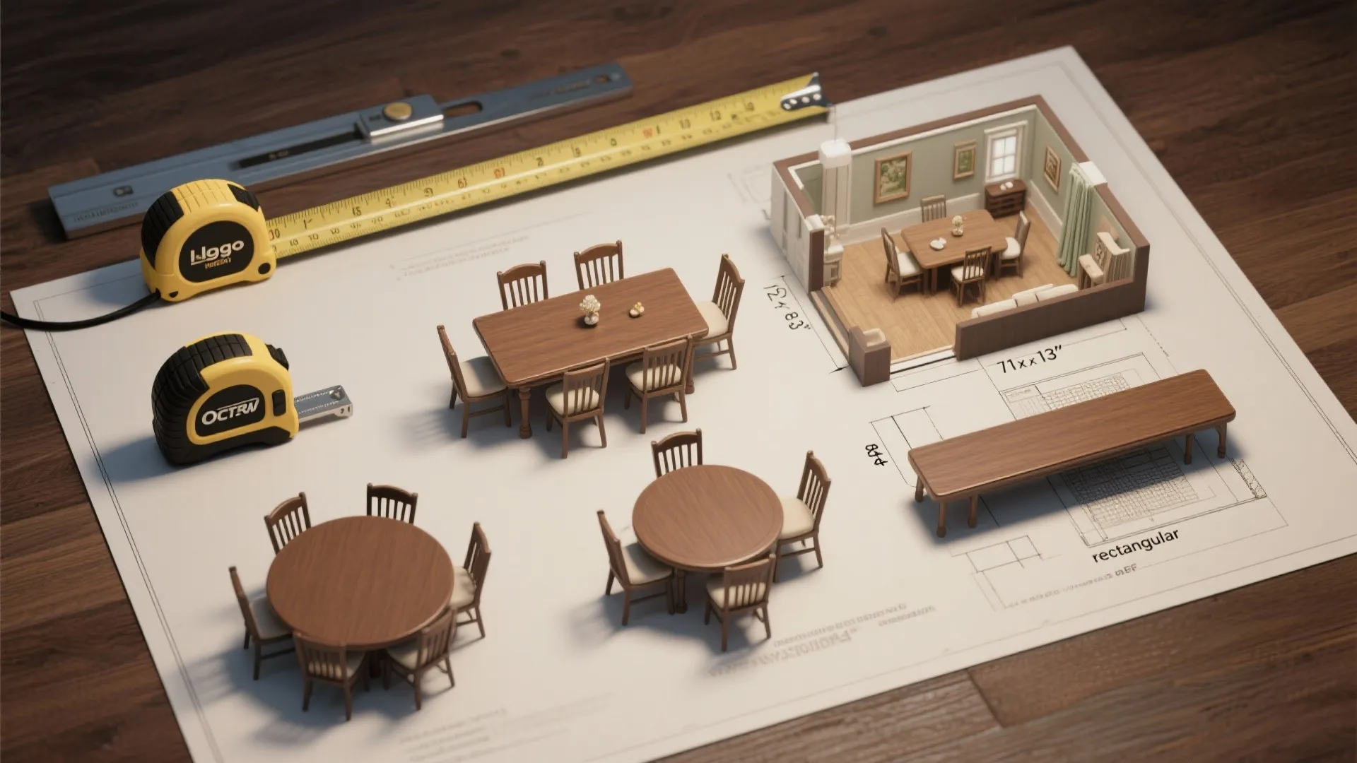 Top-down flatlay of tape measure, ruler, and scaled miniature table models for quick sizing in an 11x13 room.