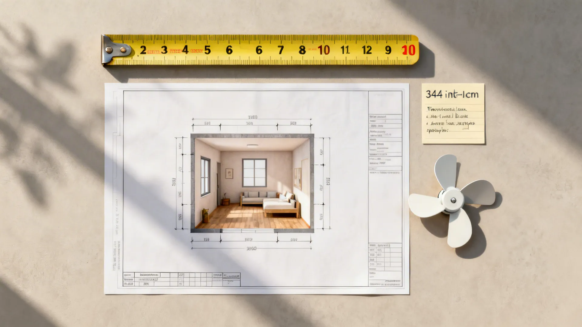 Flatlay of measuring tools, scaled room plan and fan blade sample for sizing guidance