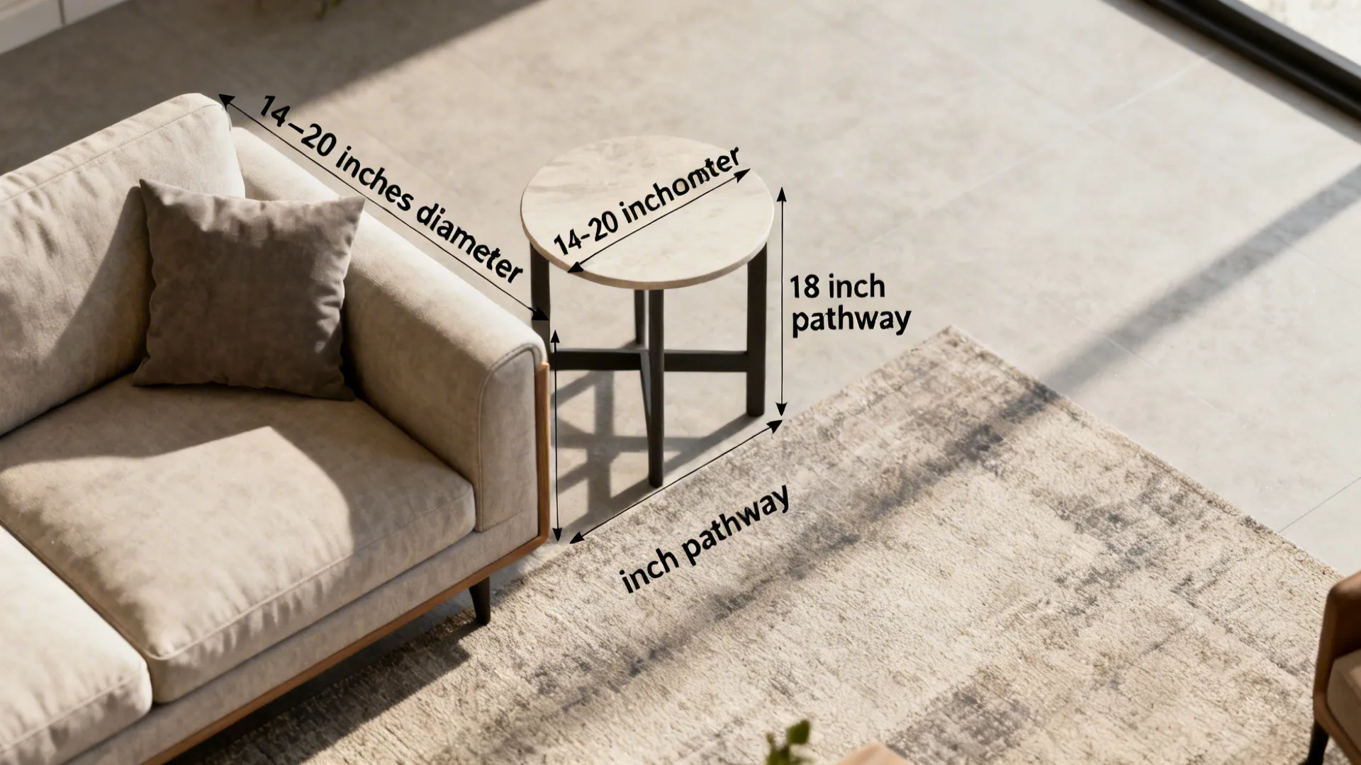 Top-down layout diagram showing recommended side table sizes and clearance in a small living room.