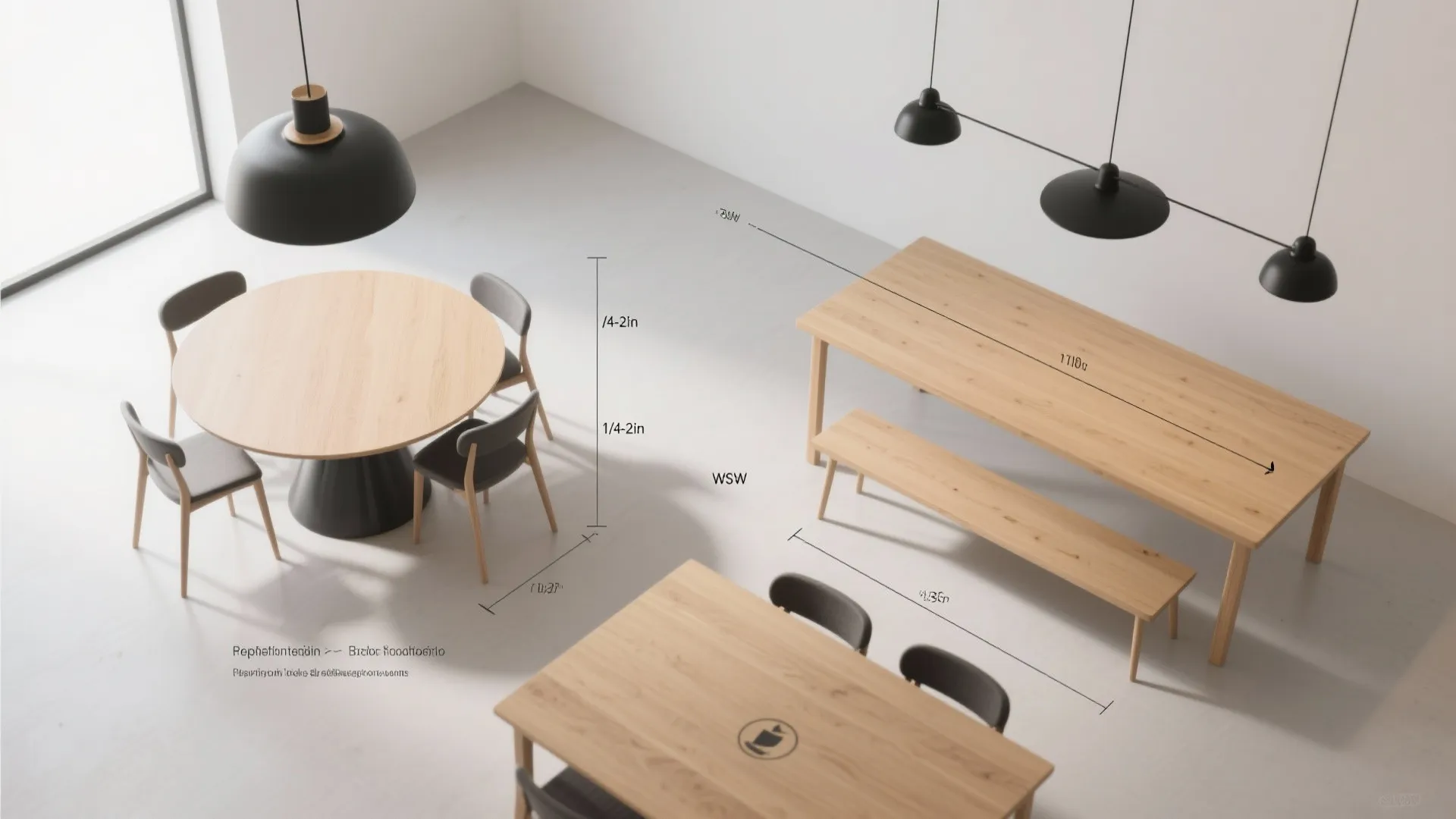 Dining room layout showing measurement lines for wooden tables, chairs, and black hanging ceiling lights